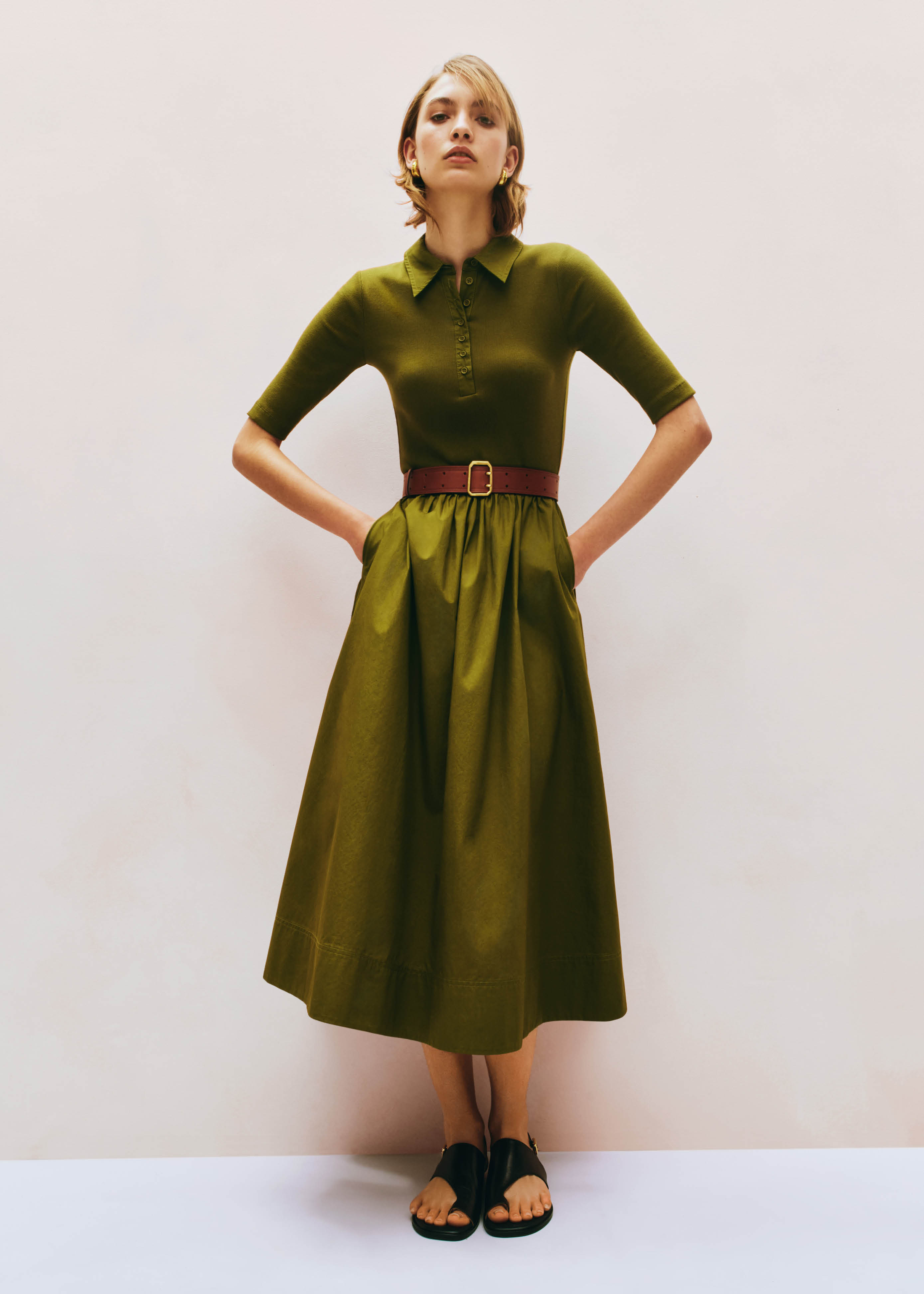 Women's Green Mixed Media Shirt Collar Maxi Dress | ME+EM
