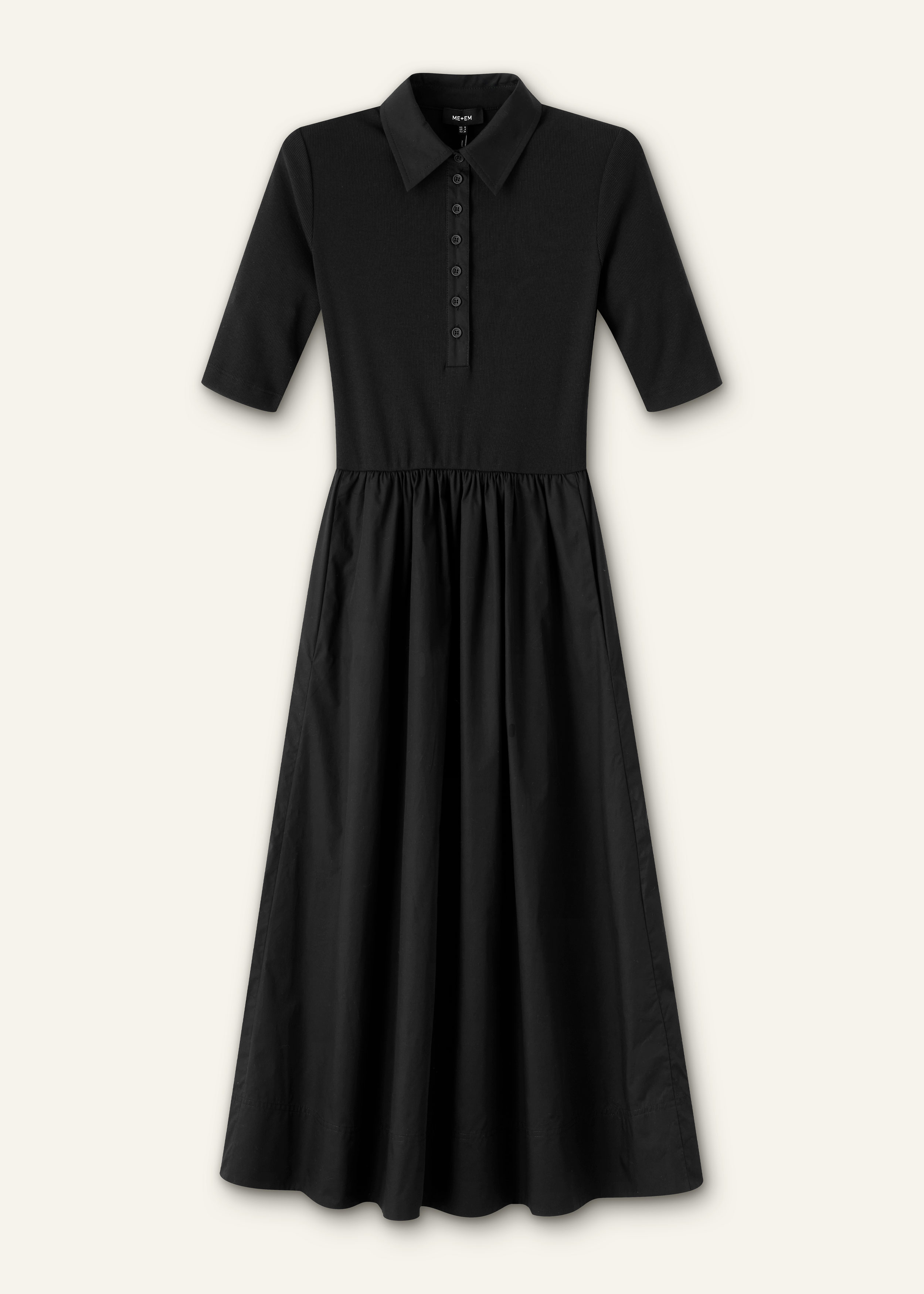 Women's Black Mixed Media Shirt Collar Maxi Dress | ME+EM