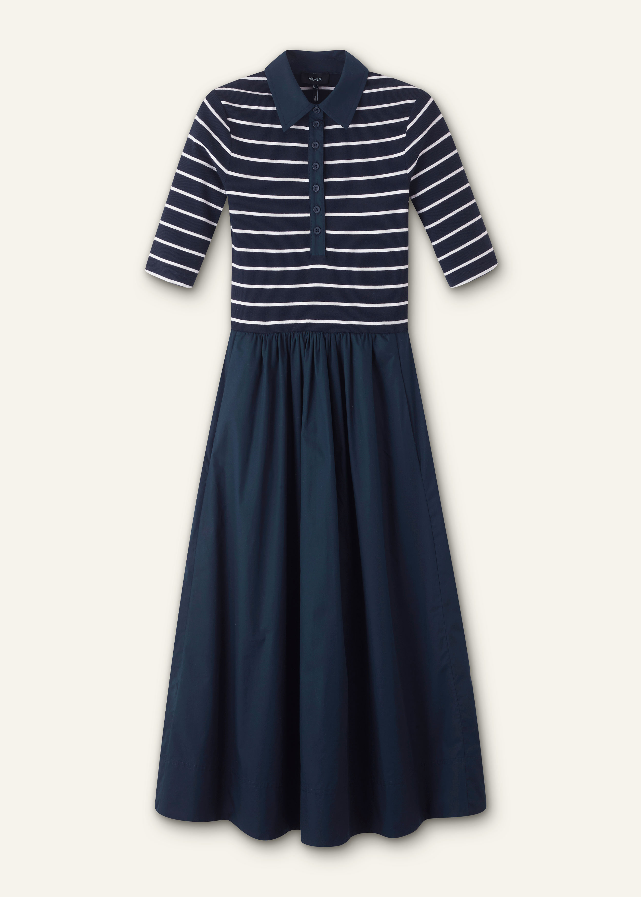 Women's Navy Mixed Media Shirt Collar Maxi Dress | ME+EM