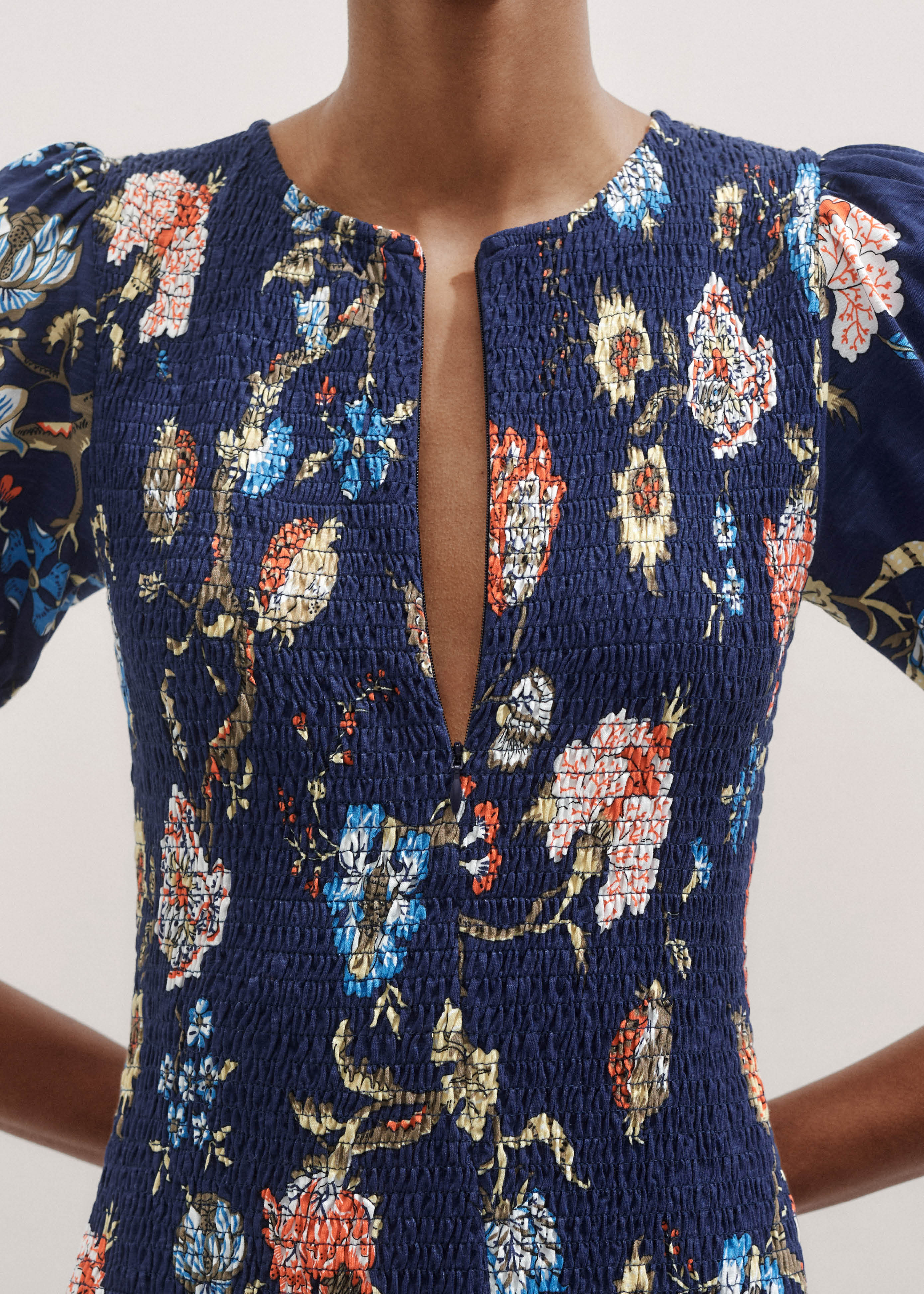 Women's Blue Floral Garden Print Smocked Midi Dress