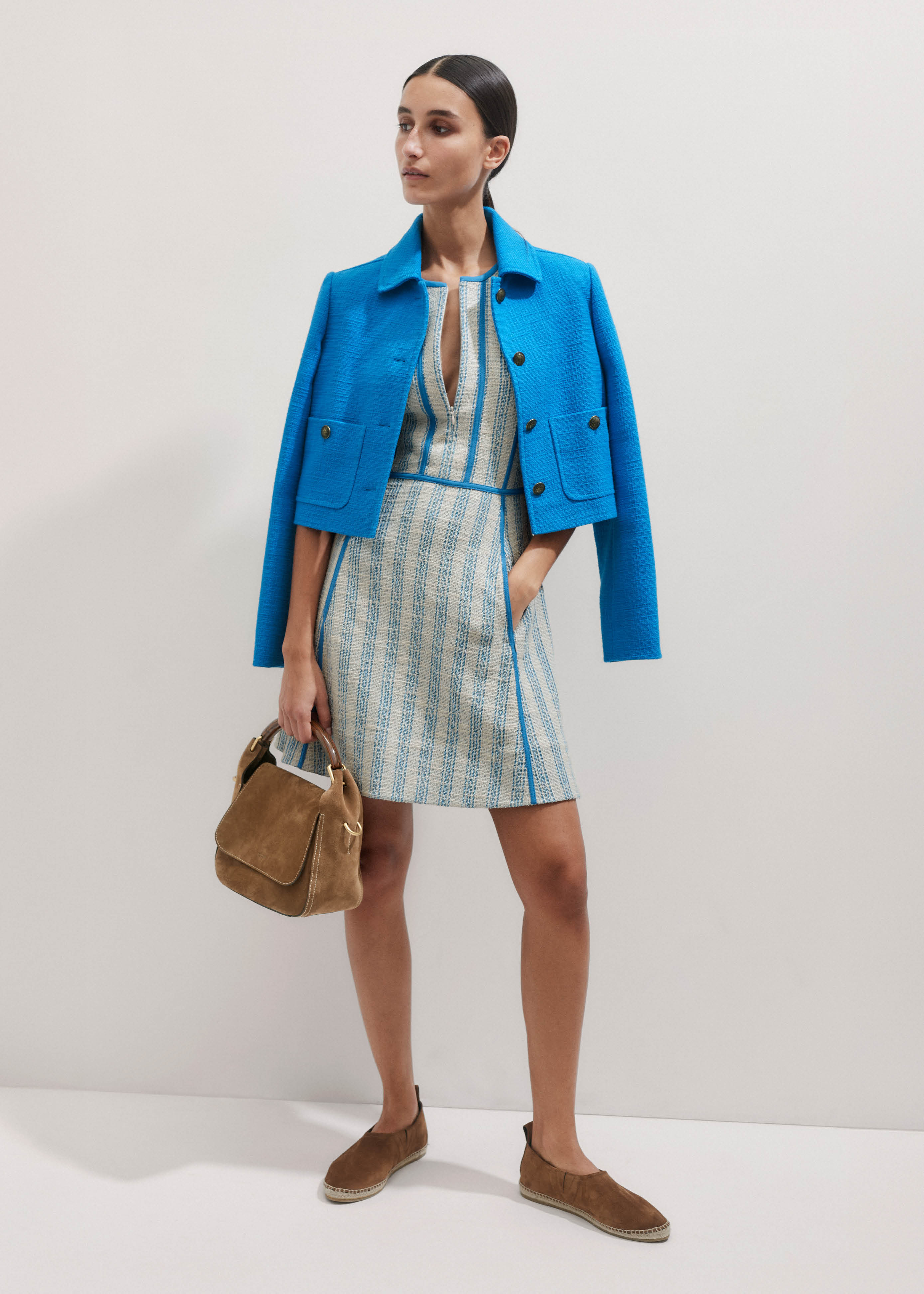 Women's Blue Textured Stripe Jersey Short Dress | ME+EM