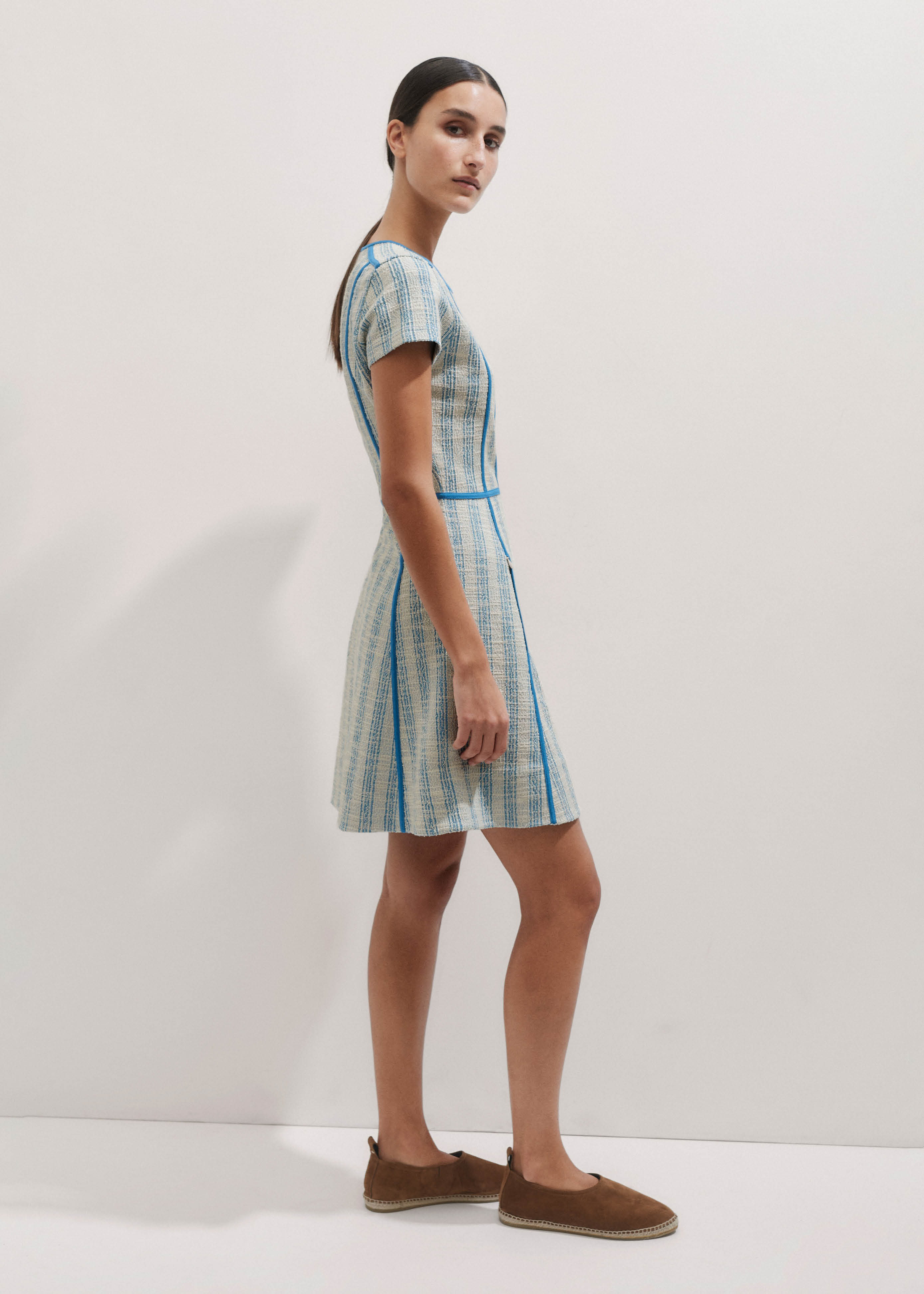 Women's Blue Textured Stripe Jersey Short Dress | ME+EM Women's Blue Textured Stripe Jersey Short Dress | ME+EM