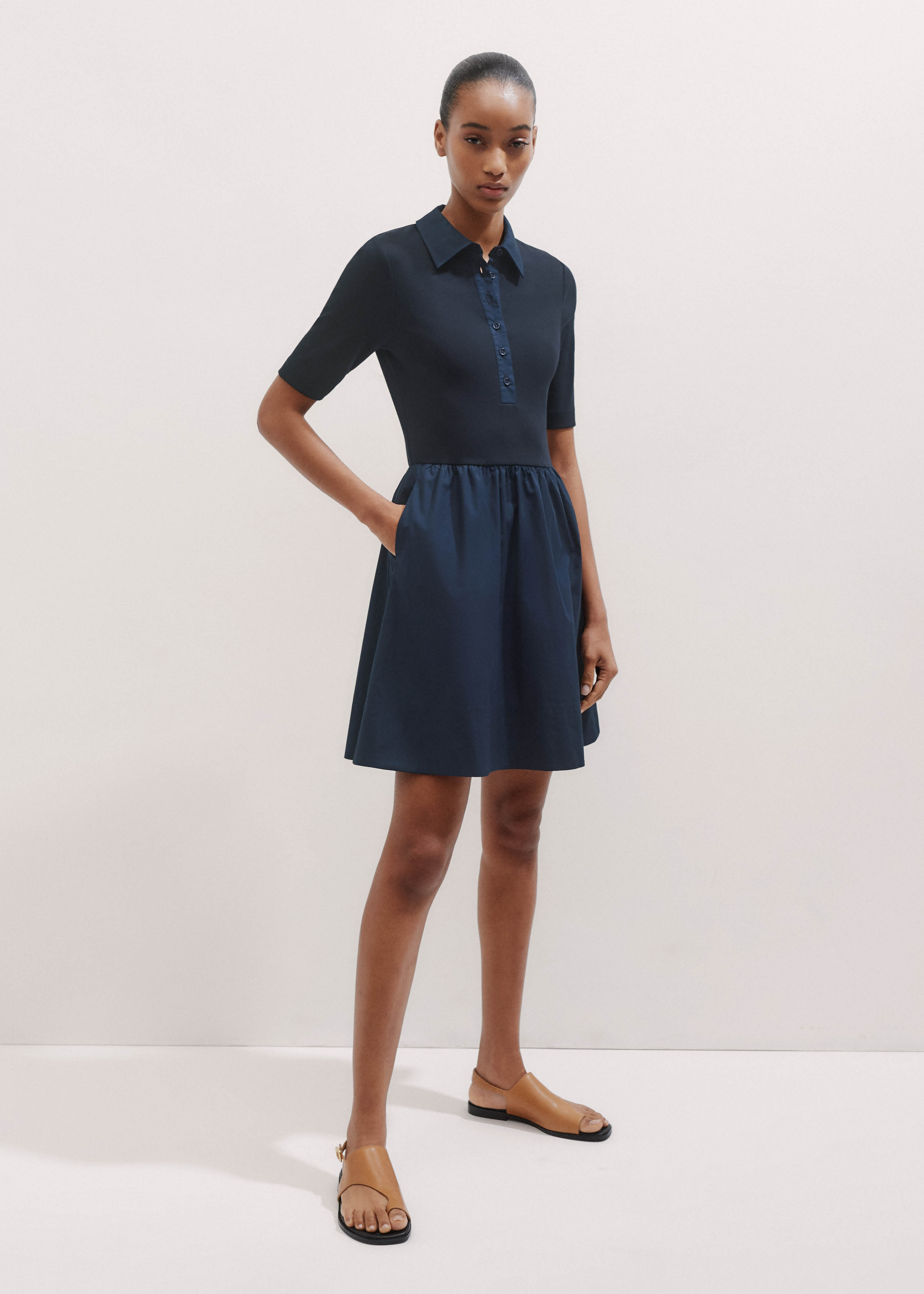 Mixed Media Shirt Collar Short Dress