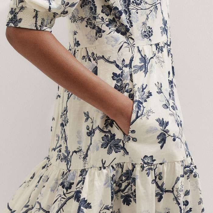 modern botanical print tiered short dress Women's Cream Modern Botanical Print Tiered Short Dress