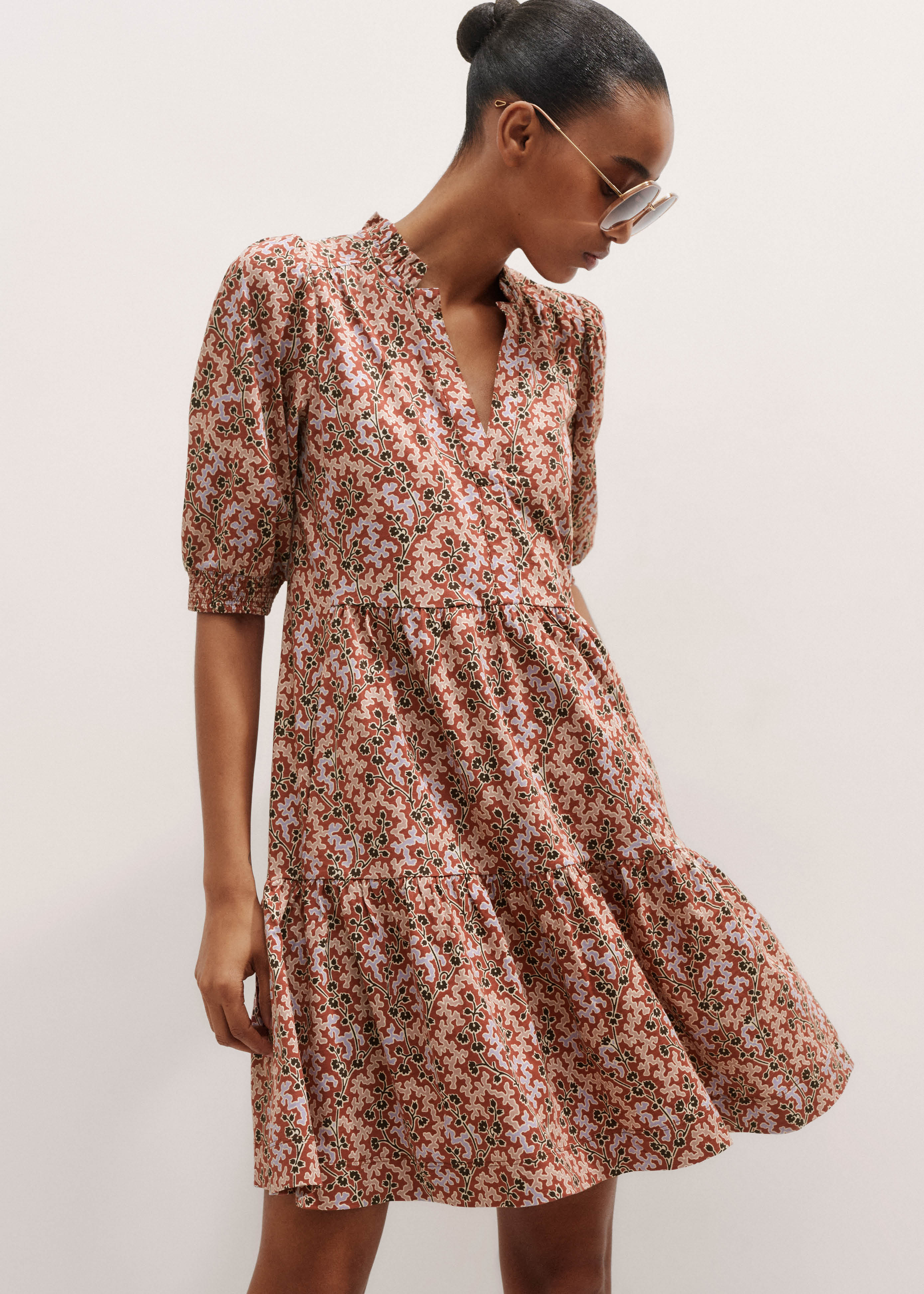 Women's Pink Climbing Buds Print Short Tiered Dress | ME+EM