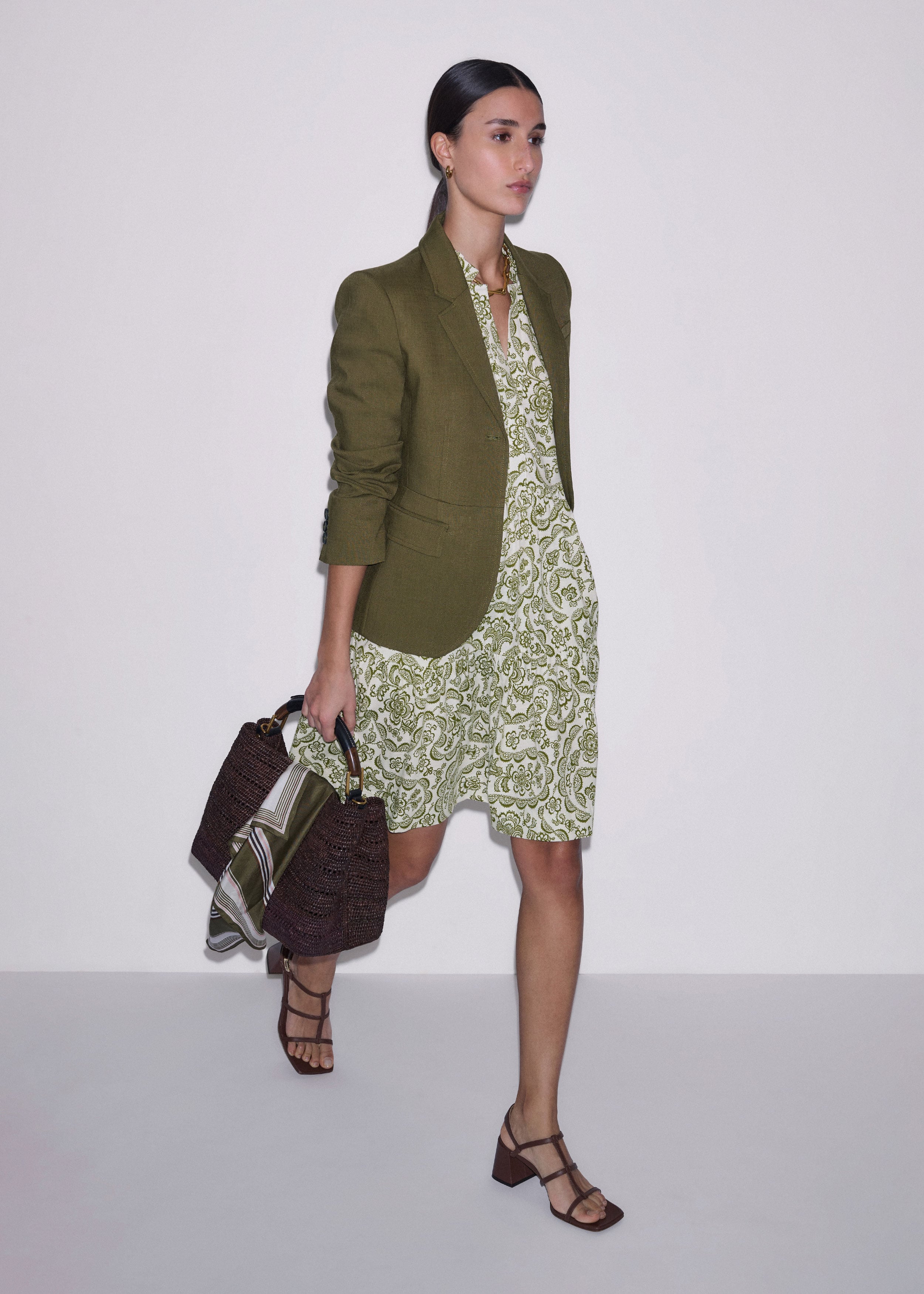 Women's Green Entangled Lace Print Tiered Short Dress | ME+EM