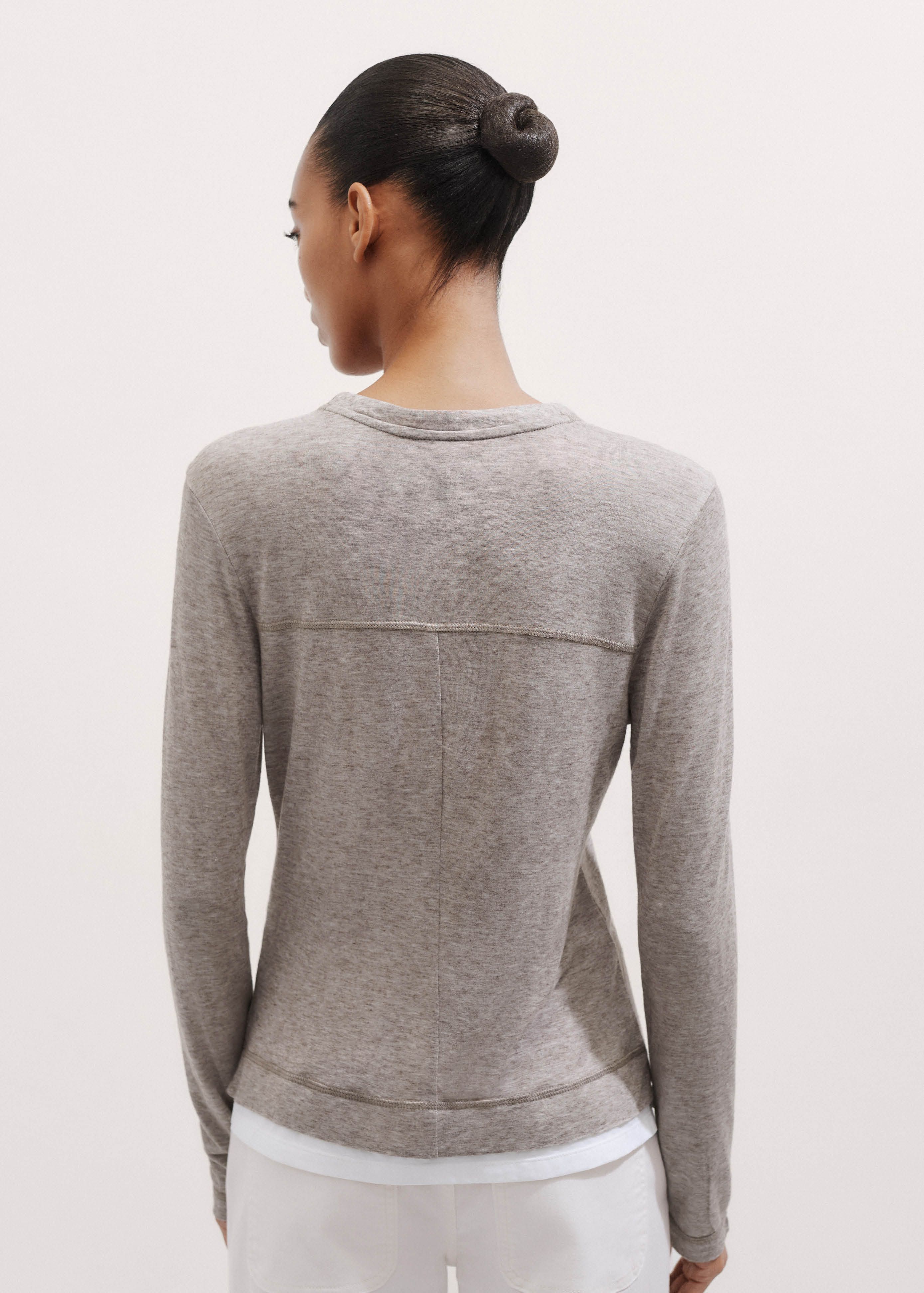 Women's Brown Double-Layer Lace Trim Long Sleeve Top | ME+EM