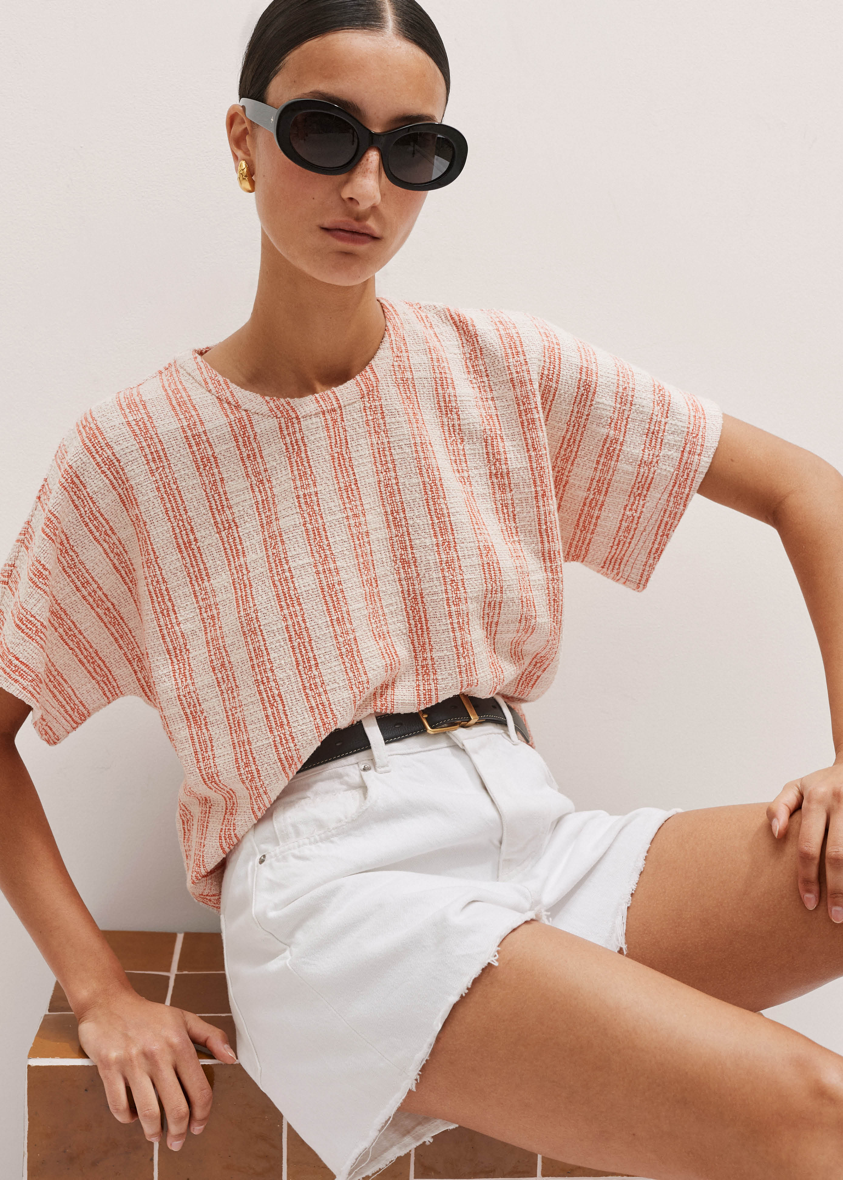 トップス Melt the lady bicolor line tops Twin Print Woven Raglan Sleeve Blouse (D27836) Pink Shell