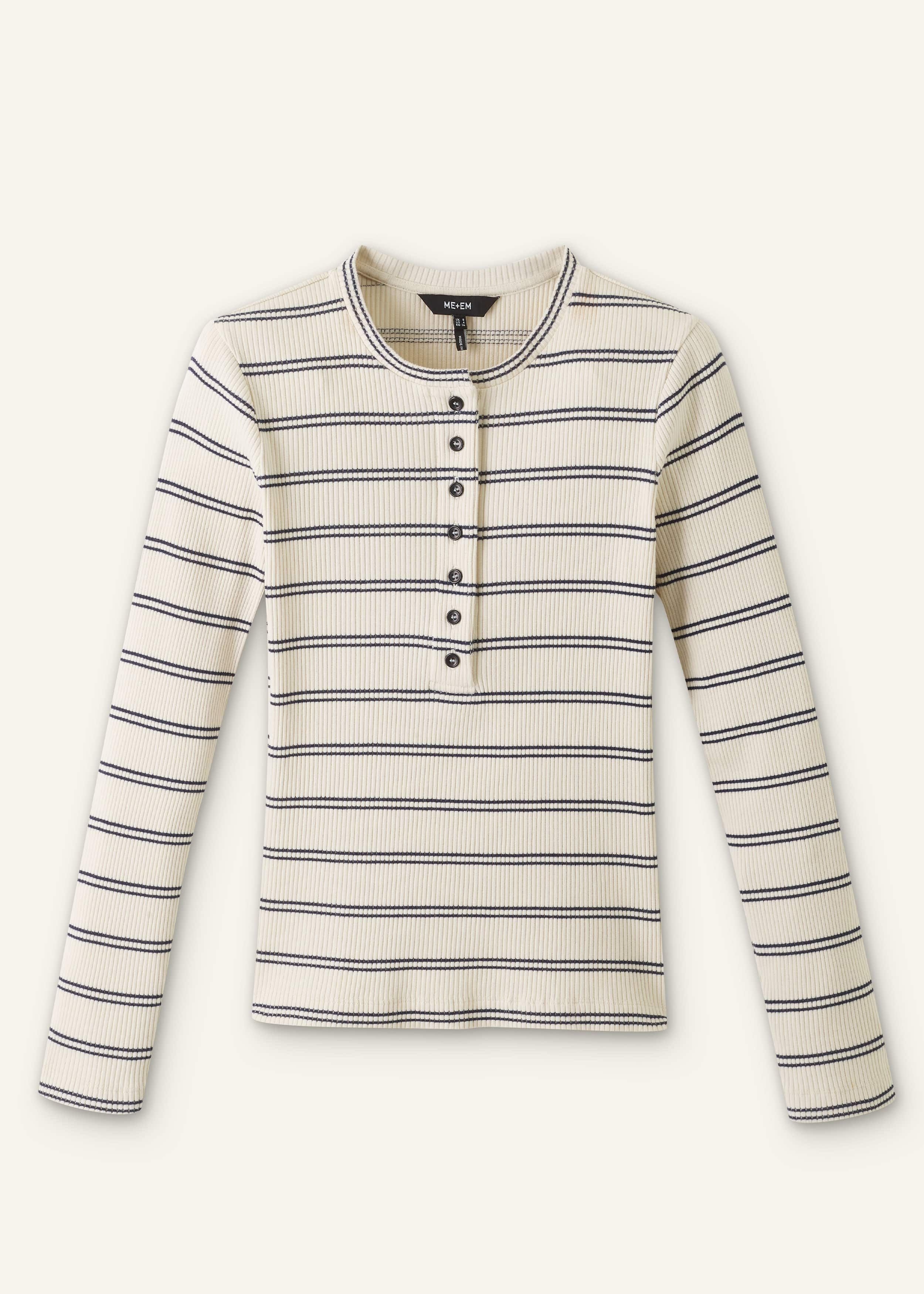 Women's Cream AM-PM Stripe Rib Henley Tee | ME+EM
