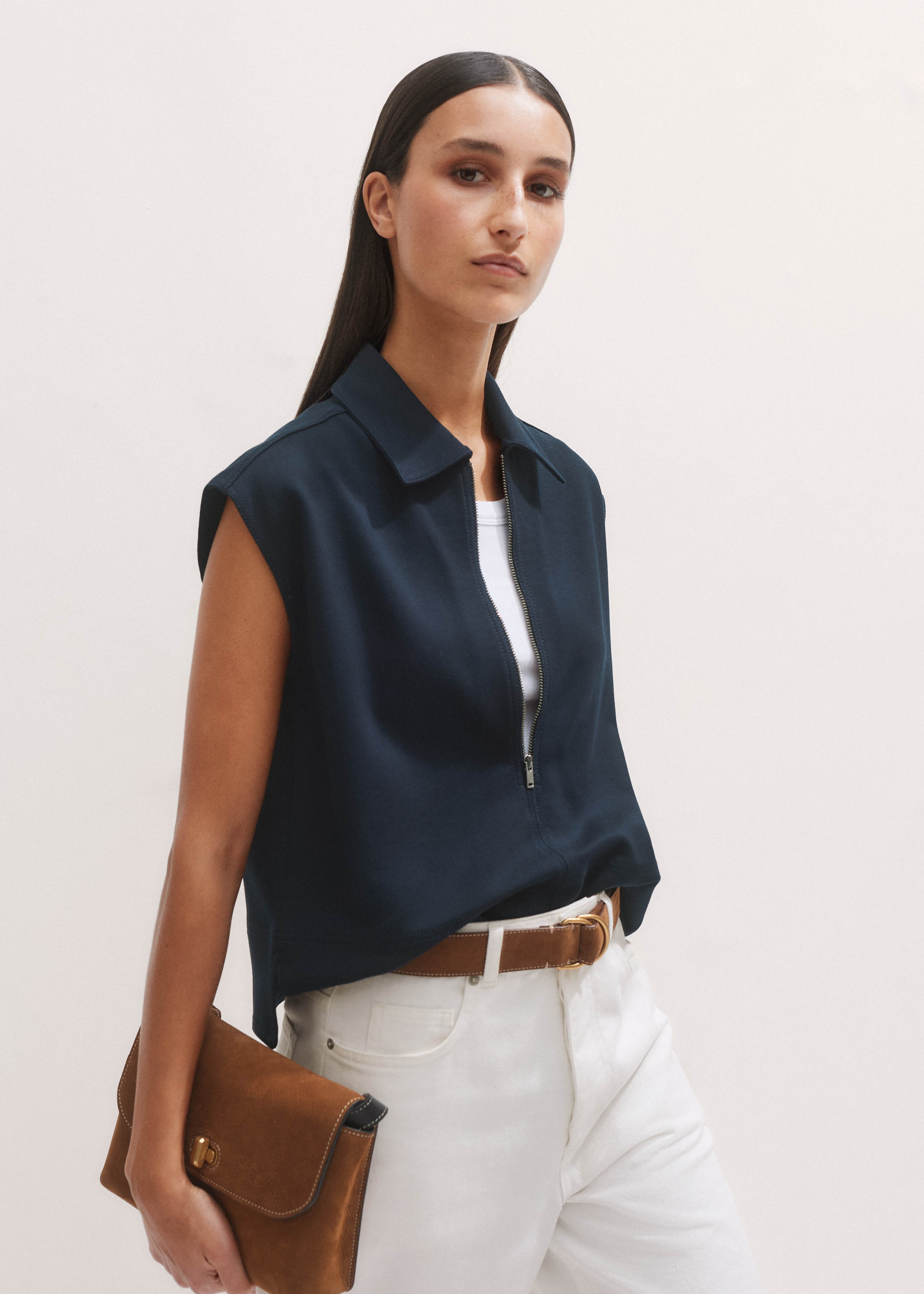 Women's Cream Textured Ponte Zip Front Top | ME+EM