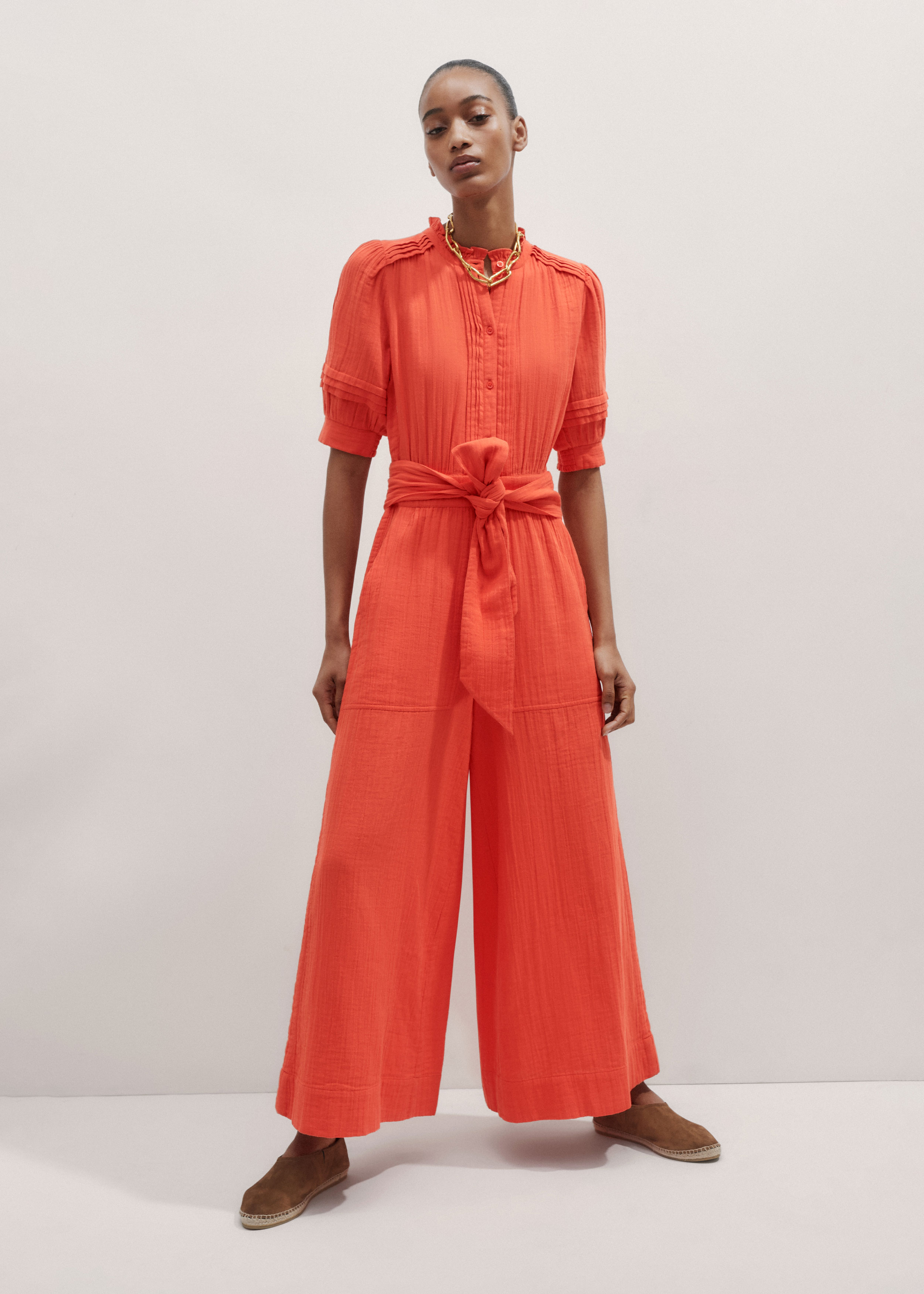 Women's Orange Cheesecloth Frill Detail Crop Jumpsuit + Belt | ME+EM