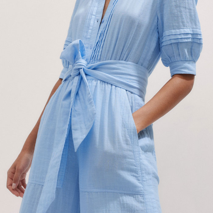Women's Blue Cheesecloth Frill Detail Crop Jumpsuit + Belt | ME+EM