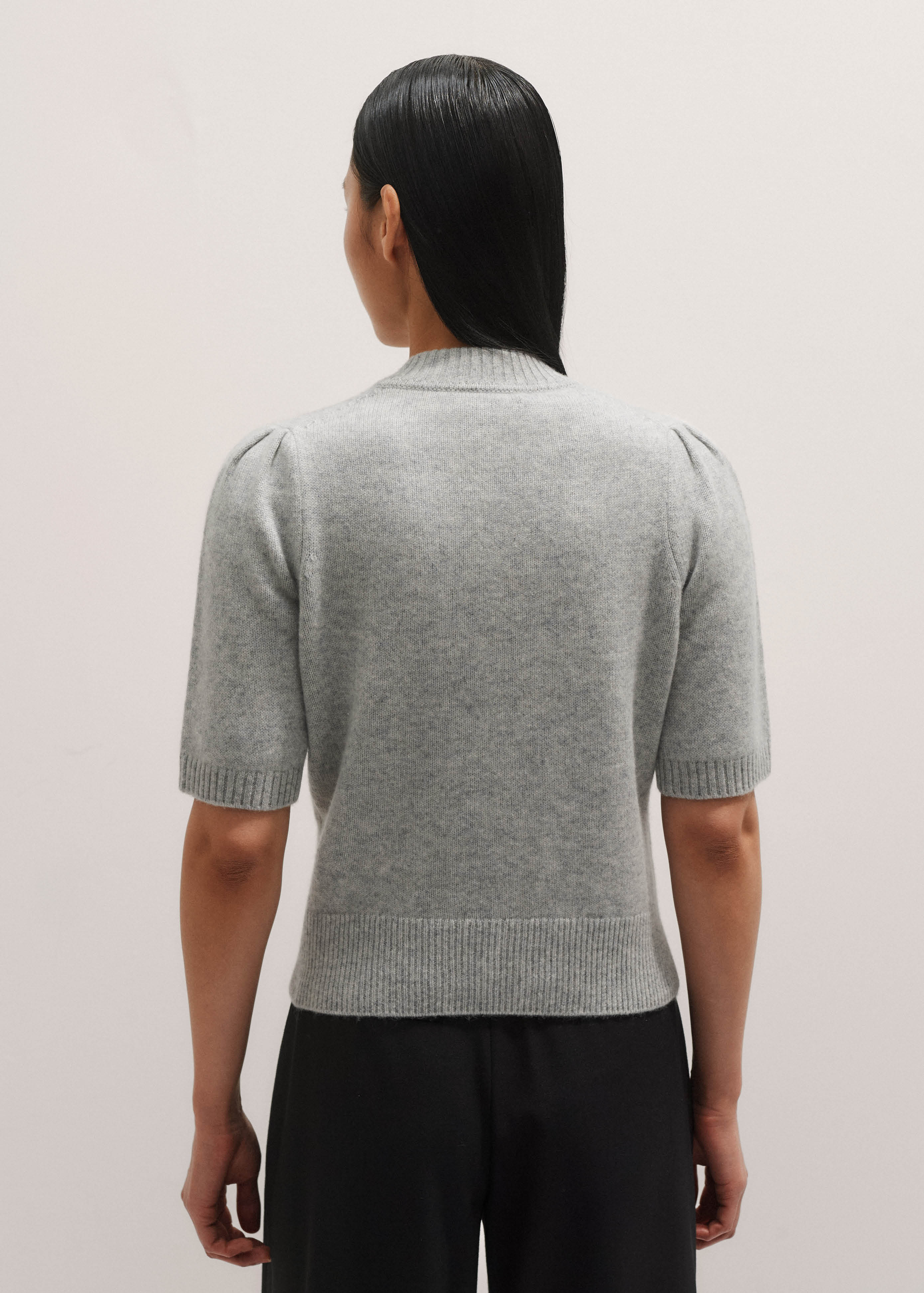 Women's Gray Cashmere Zip Neck Pouf Sleeve Knit Tee | ME+EM