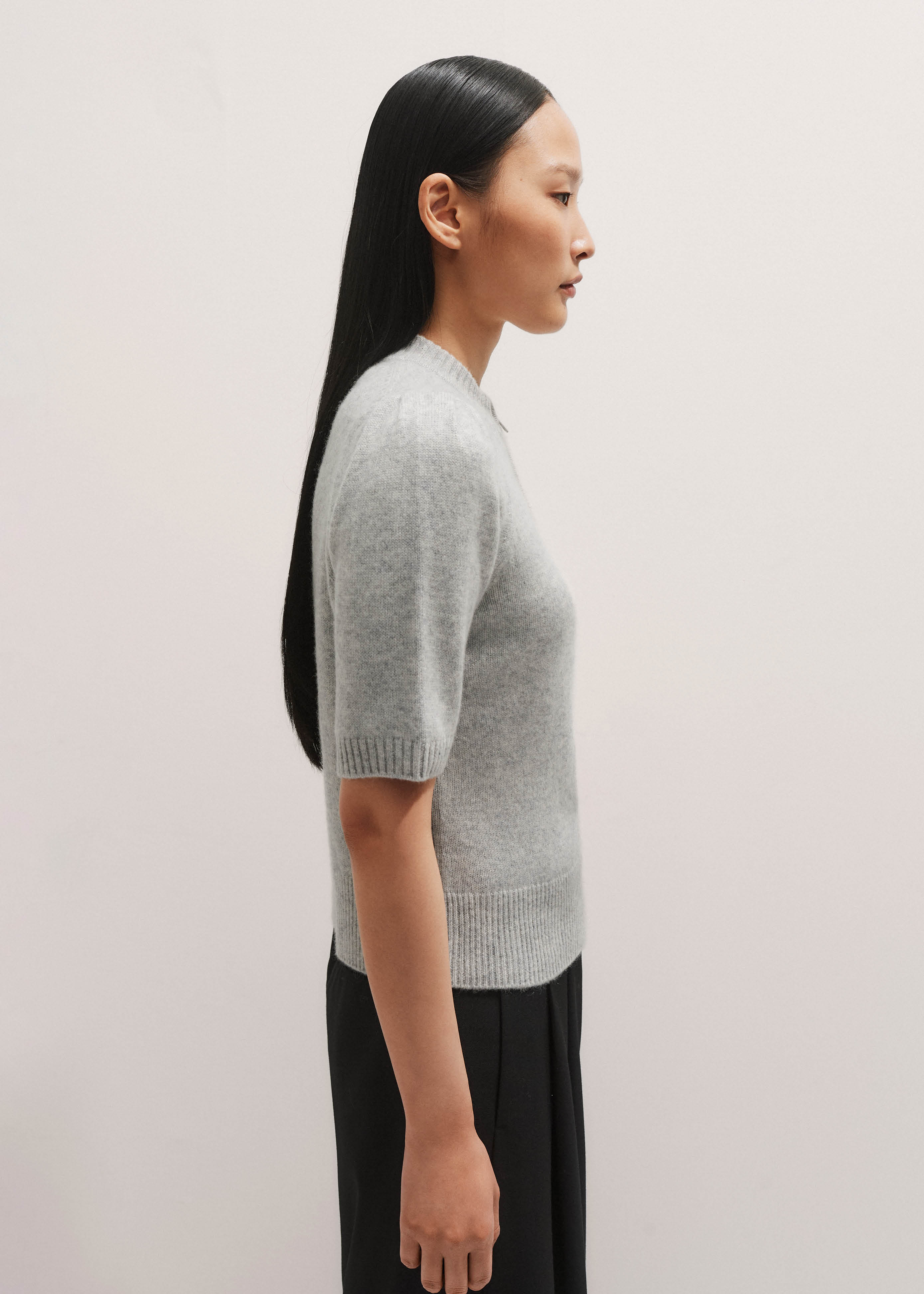 Women's Gray Cashmere Zip Neck Pouf Sleeve Knit Tee | ME+EM