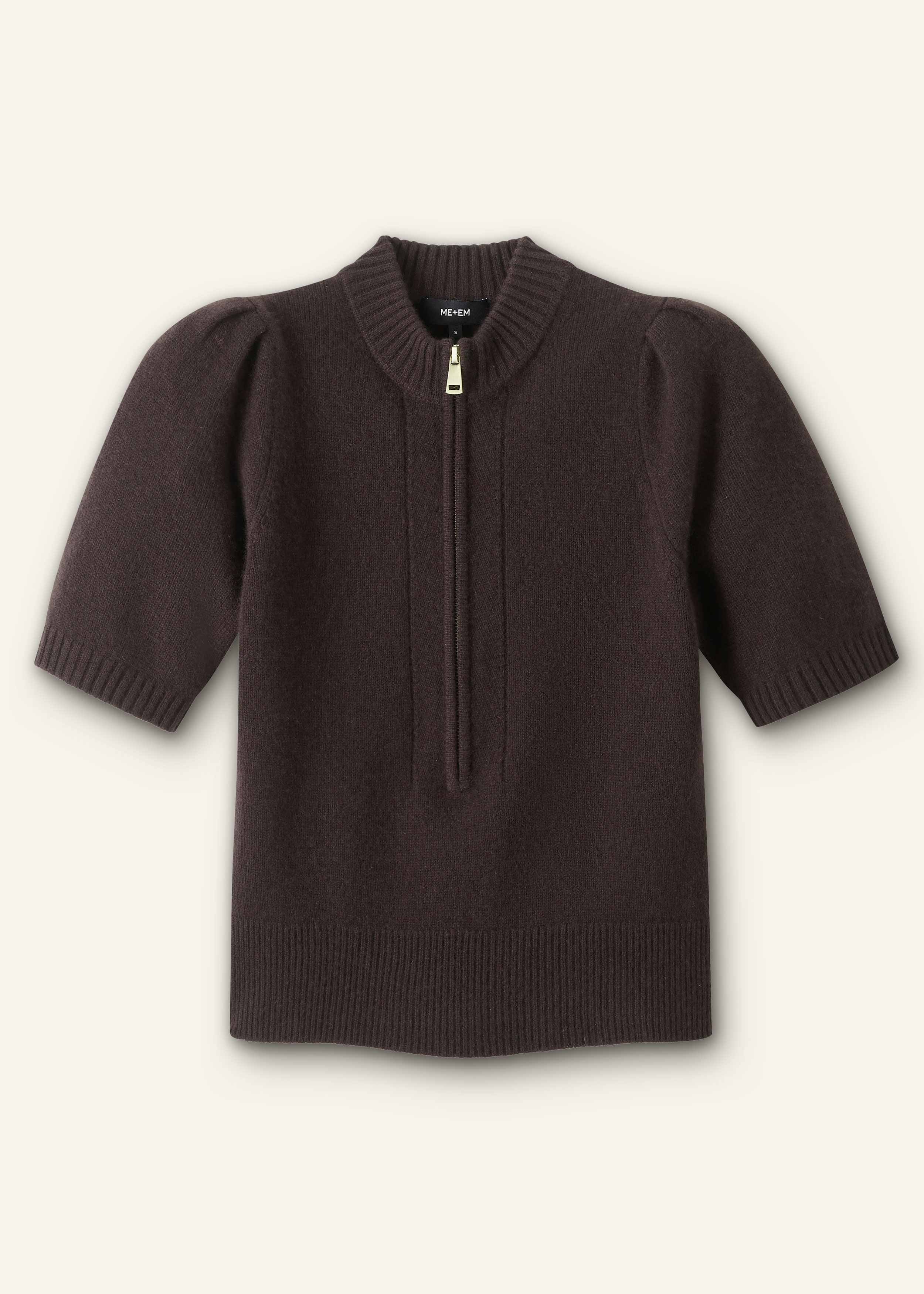 Women's Brown Cashmere Zip Neck Pouf Sleeve Knit Tee | ME+EM
