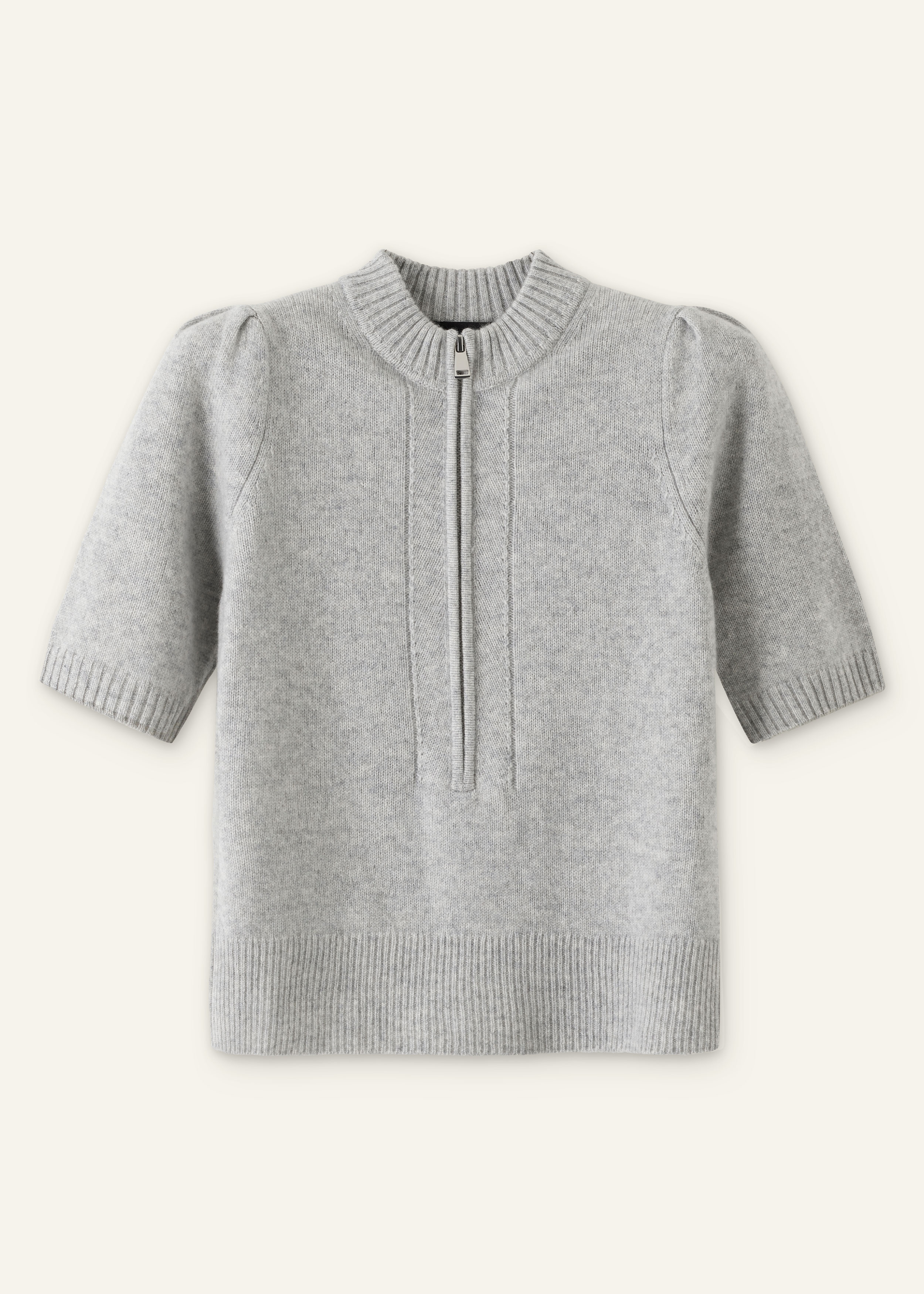 MEER. PUFF SHOULDER WOOL KNIT TOP グレー Women's Gray Cashmere Zip Neck Pouf Sleeve Knit Tee | ME+EM