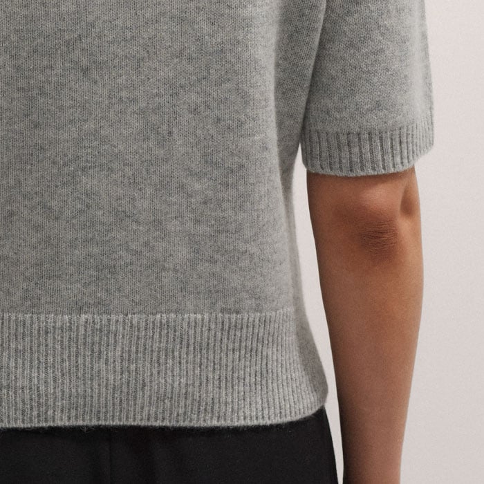 MEER. PUFF SHOULDER WOOL KNIT TOP グレー Women's Gray Cashmere Zip Neck Pouf Sleeve Knit Tee | ME+EM