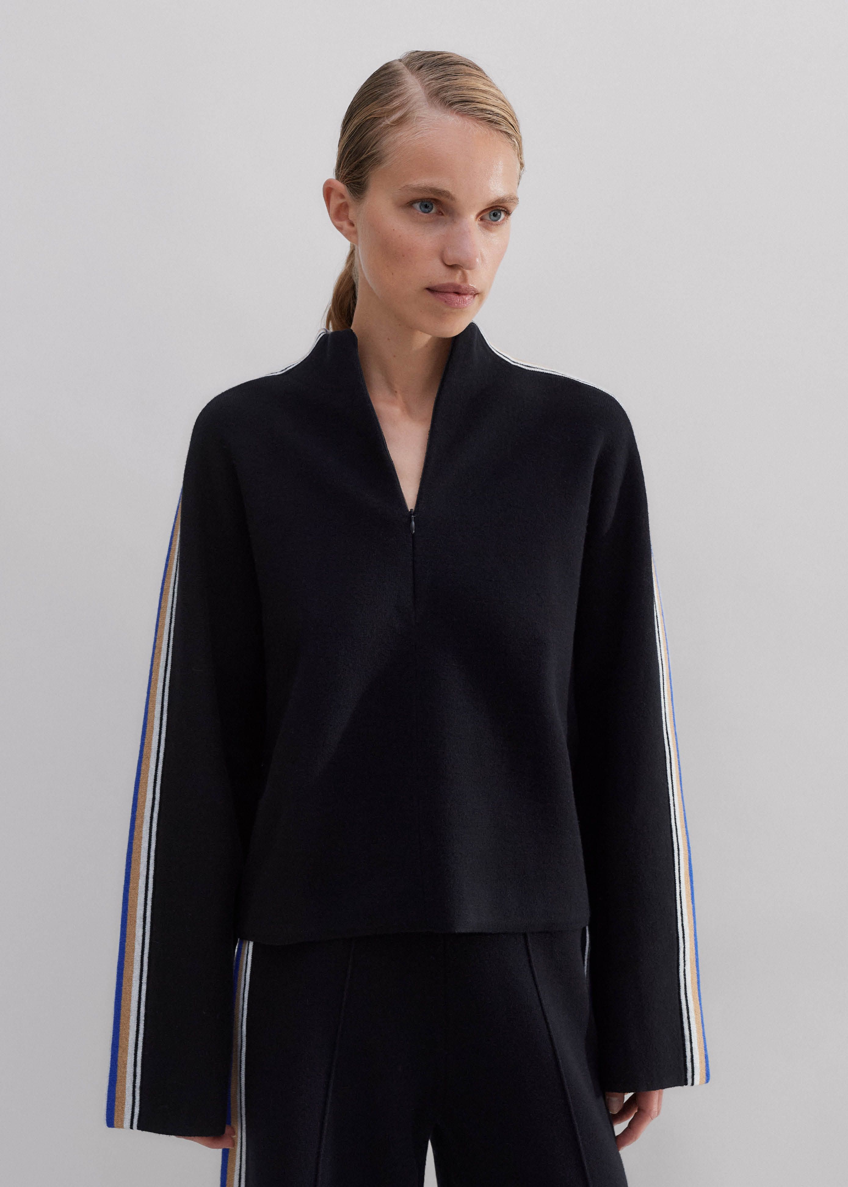 Women's Black Milano Knit Side Stripe Half Zip Jumper | ME+EM