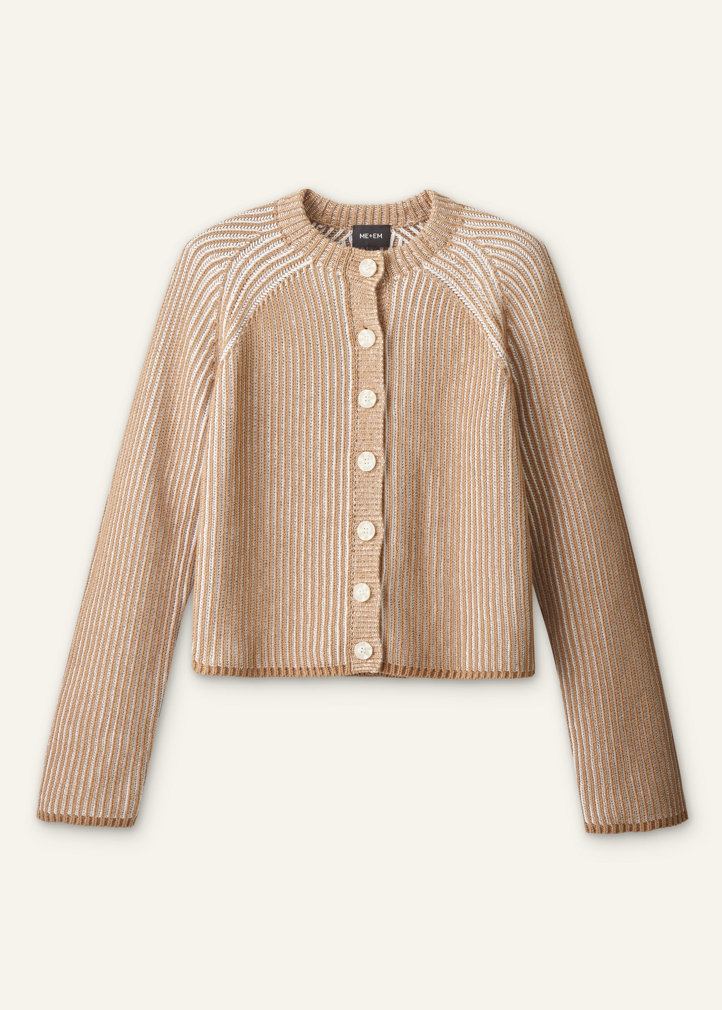 ME+EM Contrast Rib Cardigan in Camel/Soft White