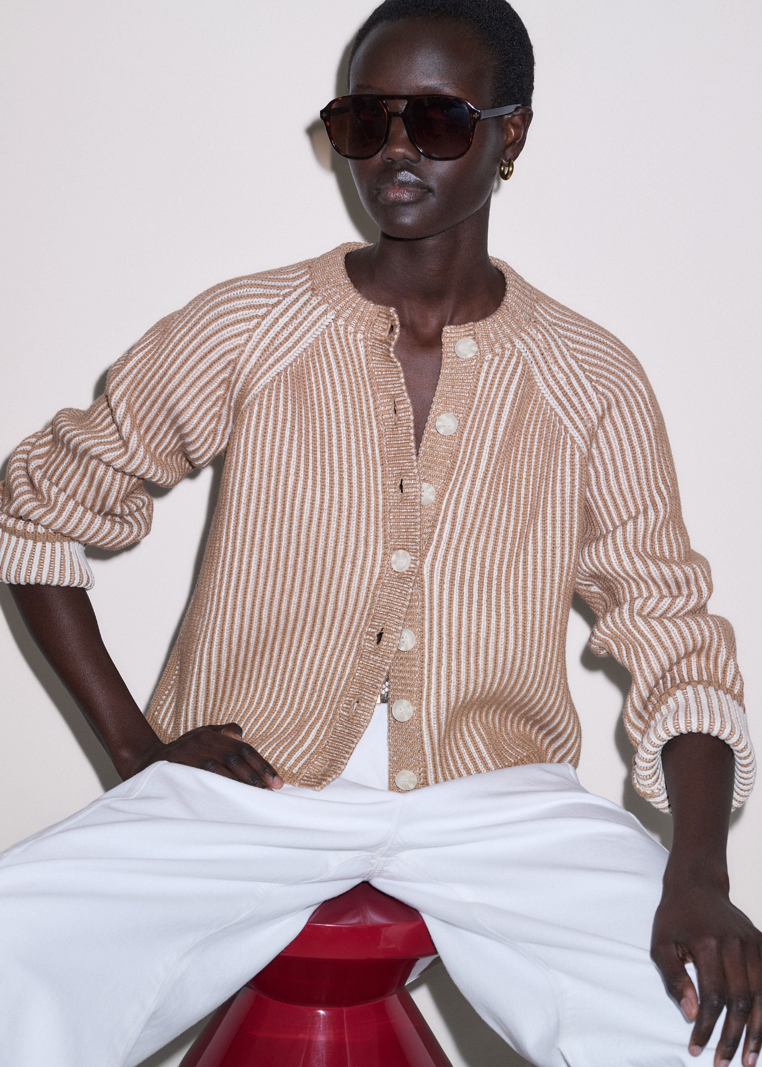 Women's Camel Cotton Contrast Rib Cardigan | ME+EM