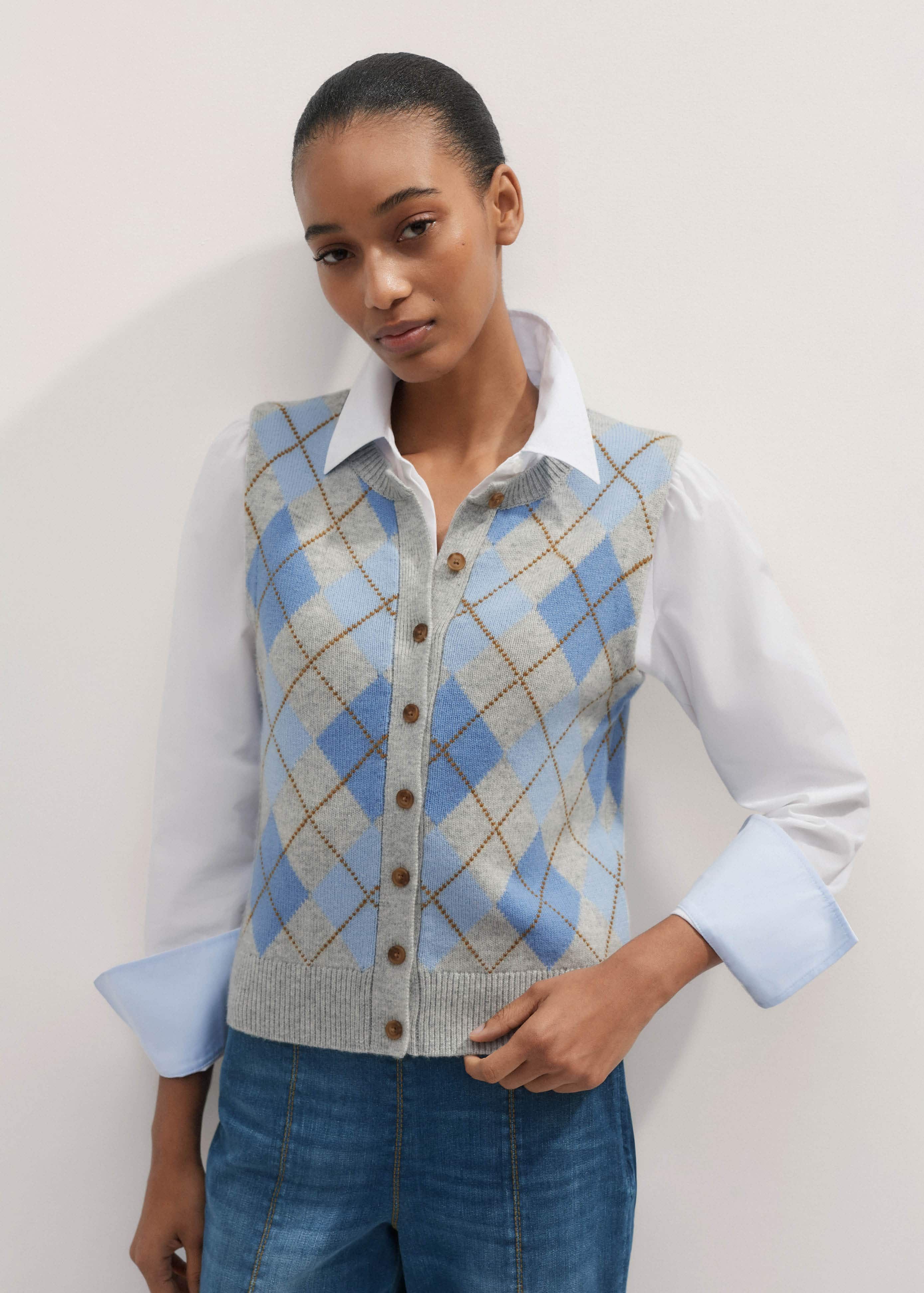 CASHMERE BLENDED V NECK ARGYLE_DEEPGREY NAVY