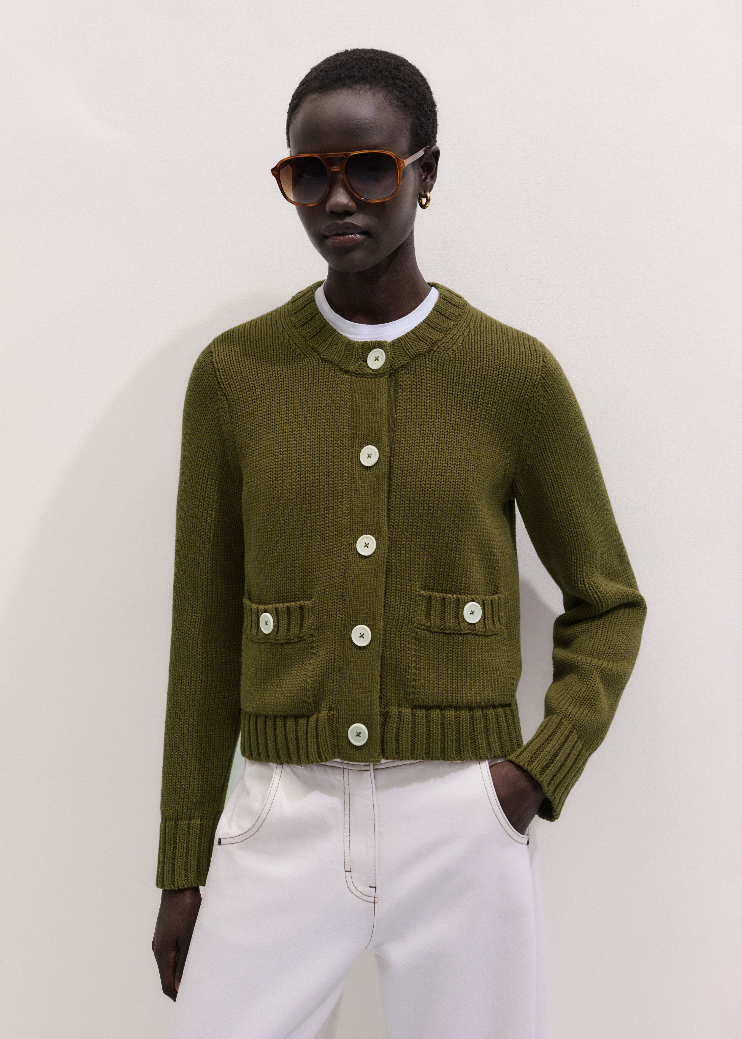 Women's Olive Green Straight Crop Cardigan | ME+EM