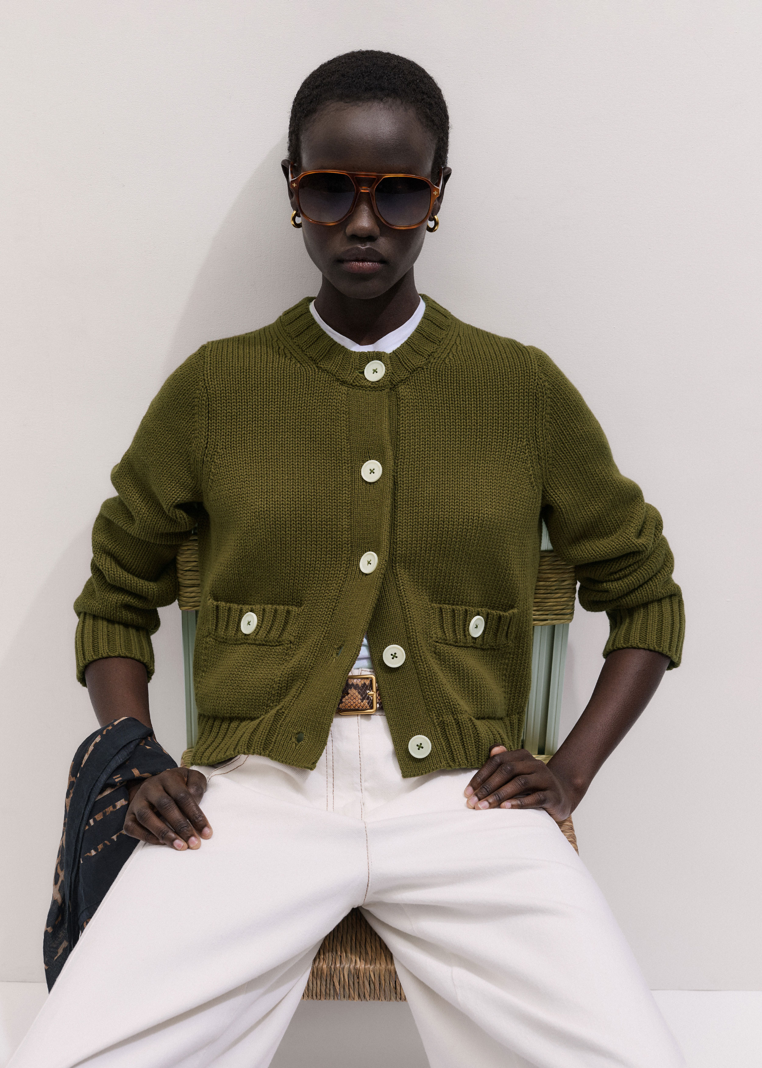 Me+em Straight Crop Cardigan Olive Green