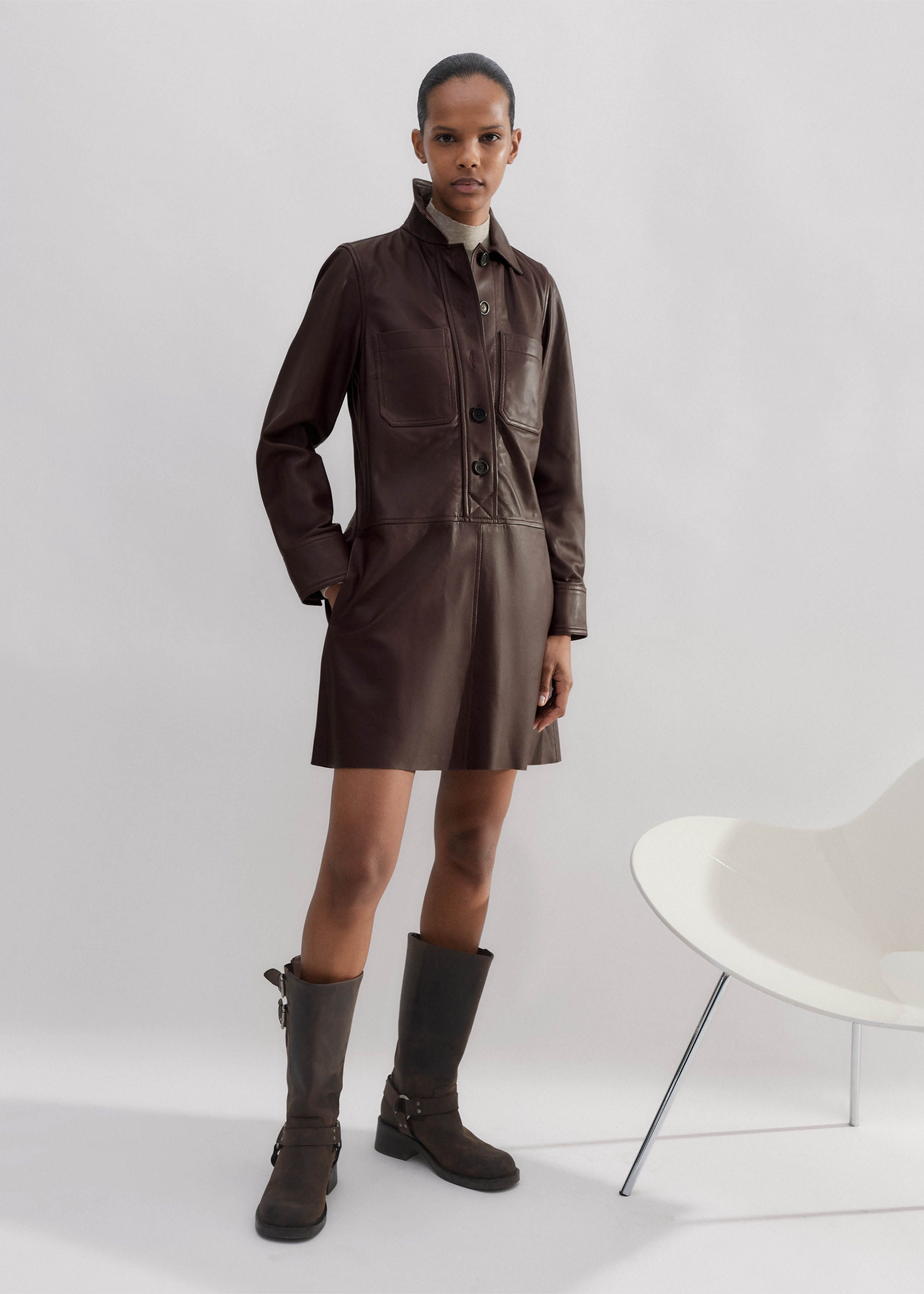 leather turtleneck dress Helmut Lang Turtleneck Long-Sleeve Paneled Leather Dress, Brown, Women's, 6 main image 0