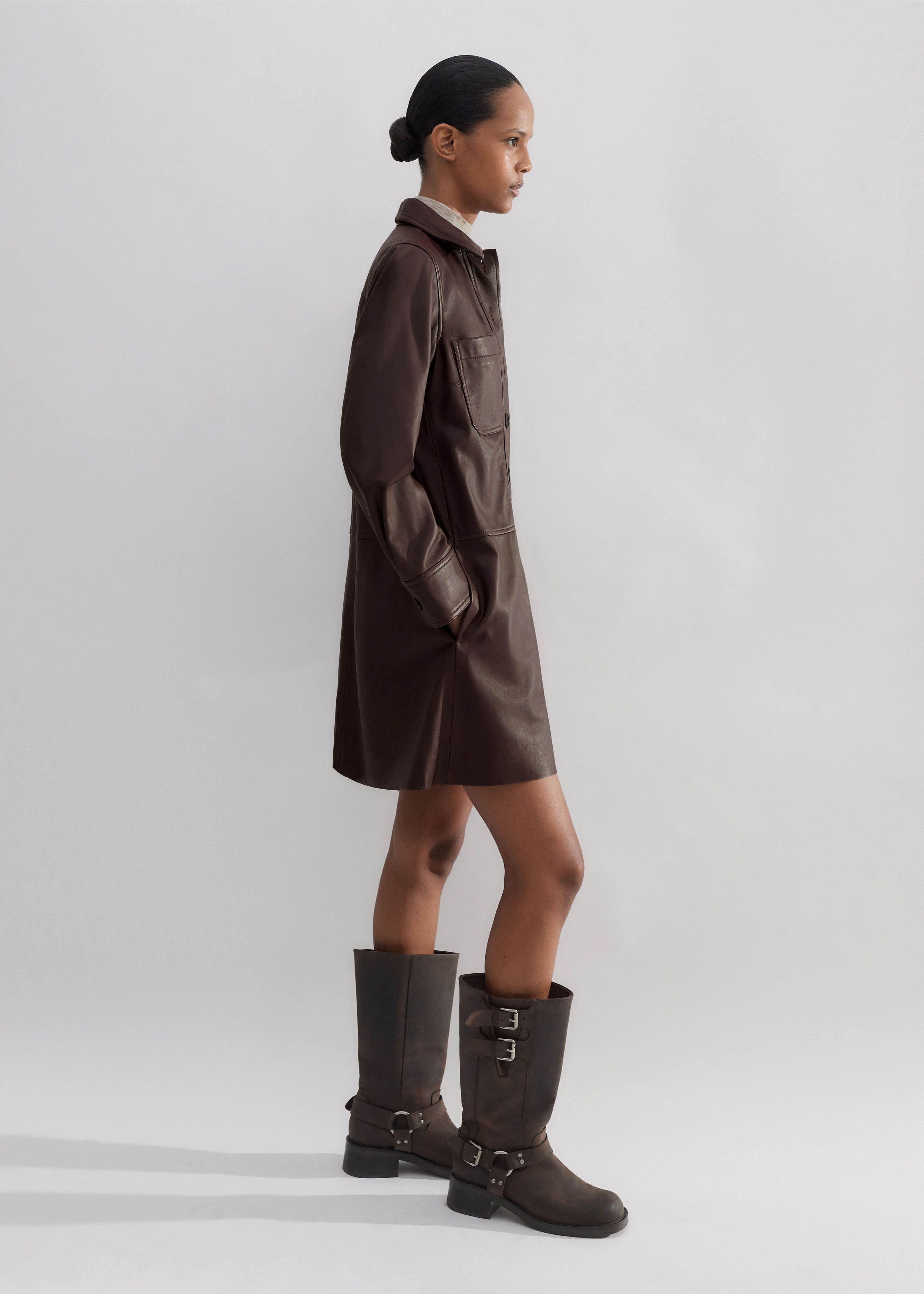 Women's Brown Butter Soft Leather Short Shift Dress | ME+EM Women's Brown Butter Soft Leather Short Shift Dress | ME+EM