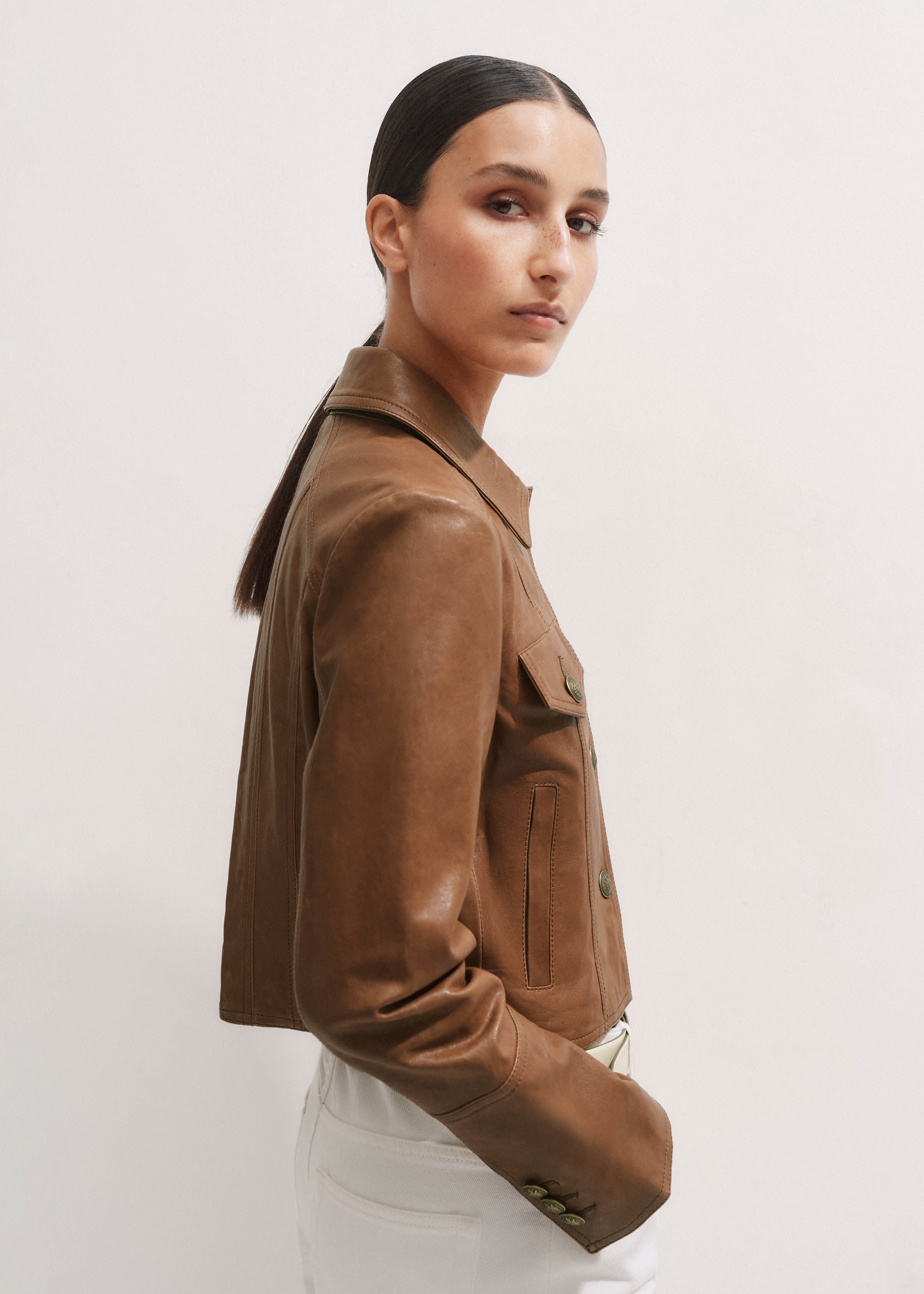 Dninmim Women's Lapel Slim Cropped Leather Jacket Spring