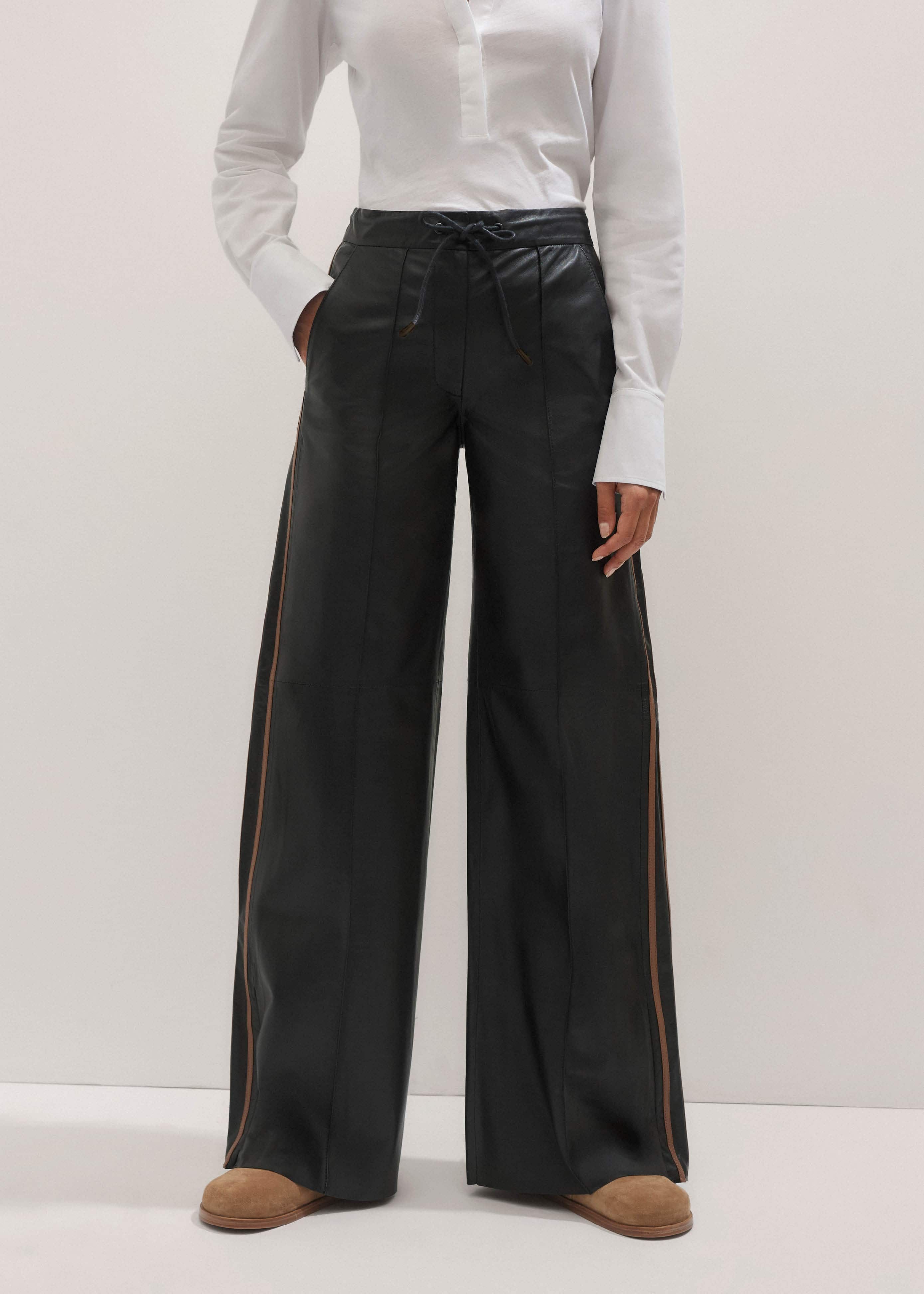 Women's Black Leather Sporty Wide-Leg Track Pant | ME+EM