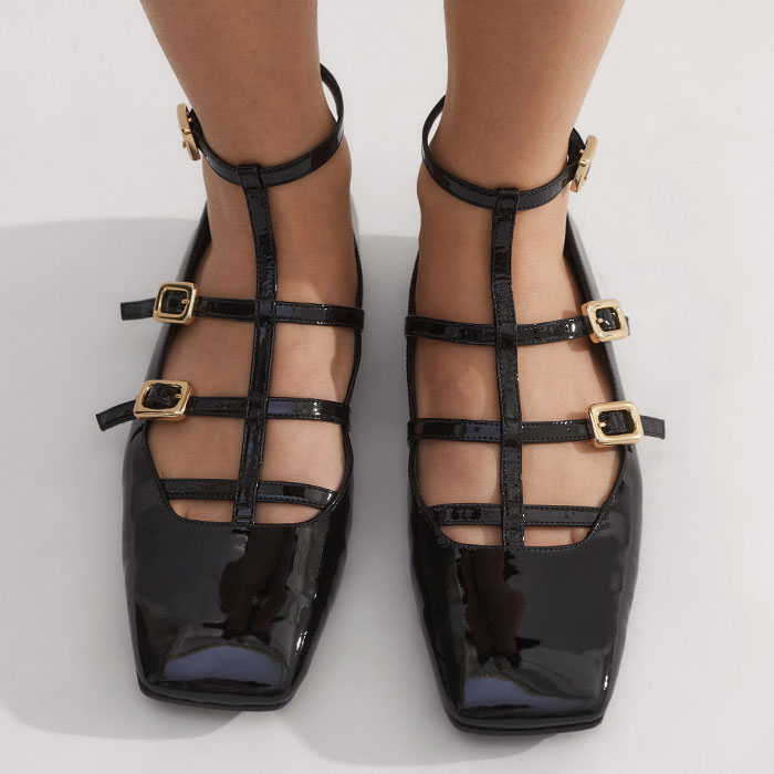 Women's Black Caged T-Bar Ballerina Flat ME+EM