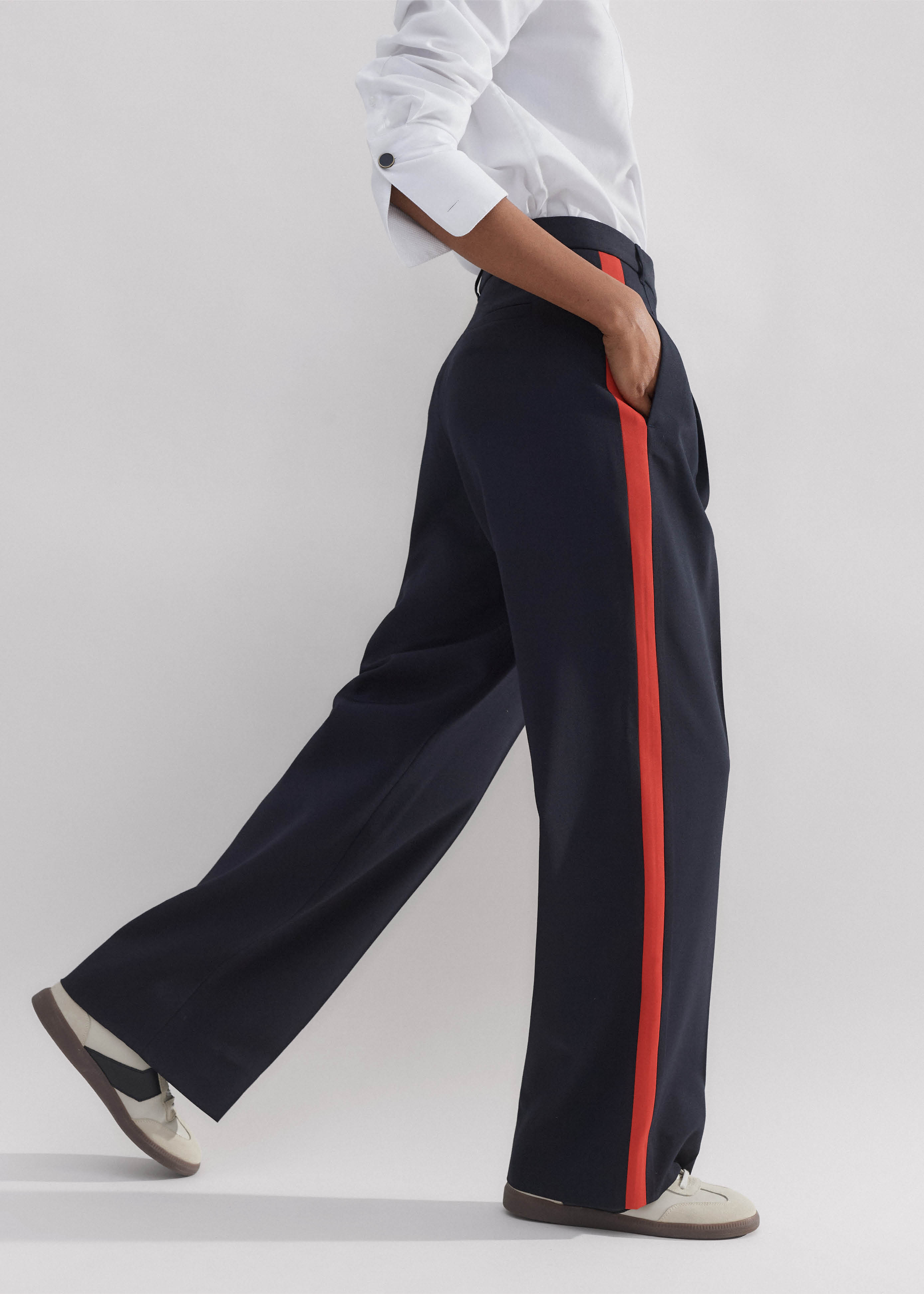 Women's Navy Wool-Blend Side Stripe Tailored Trouser | ME+EM