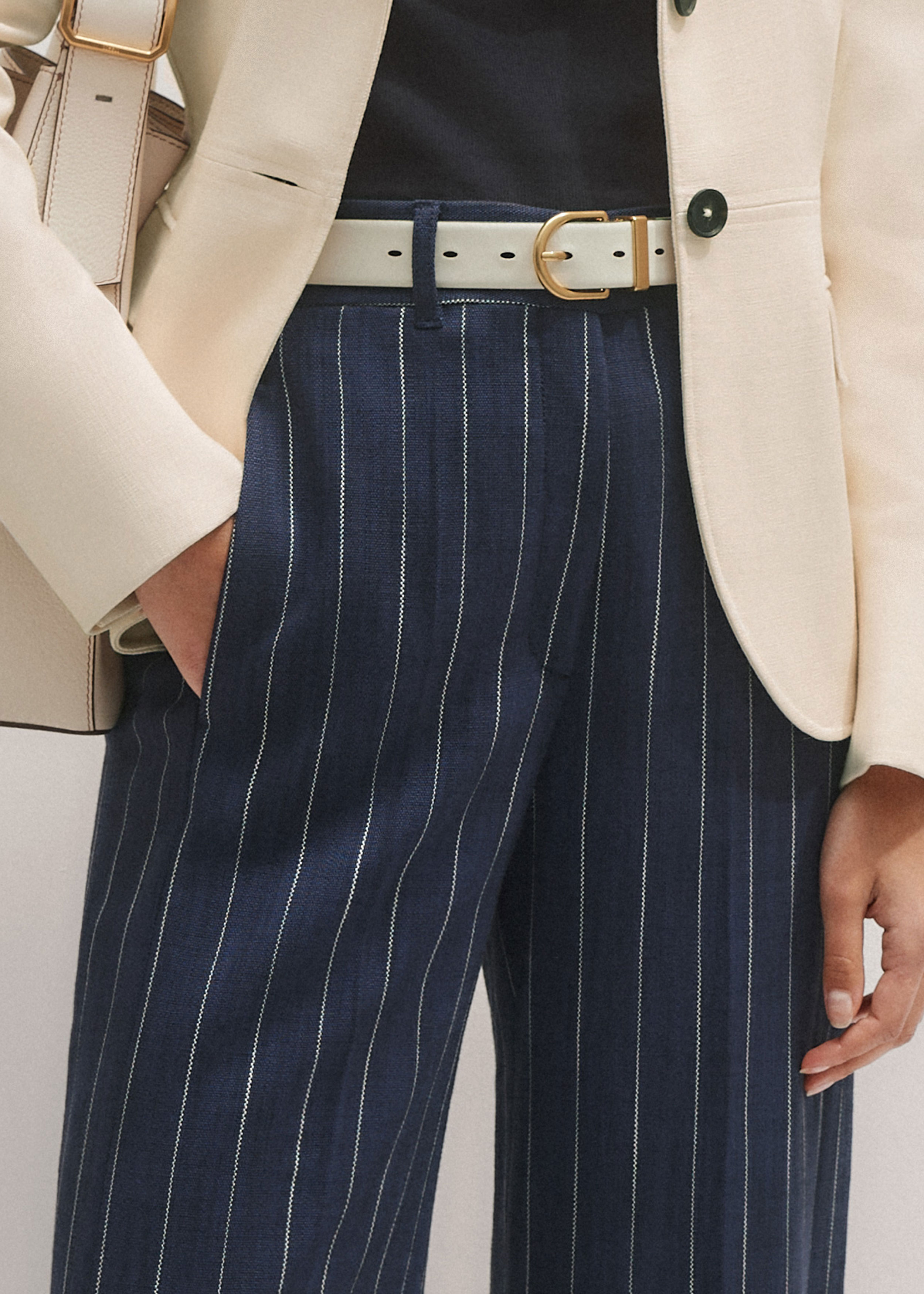 Women's Navy Textured Pinstripe Relaxed Man Pant | ME+EM
