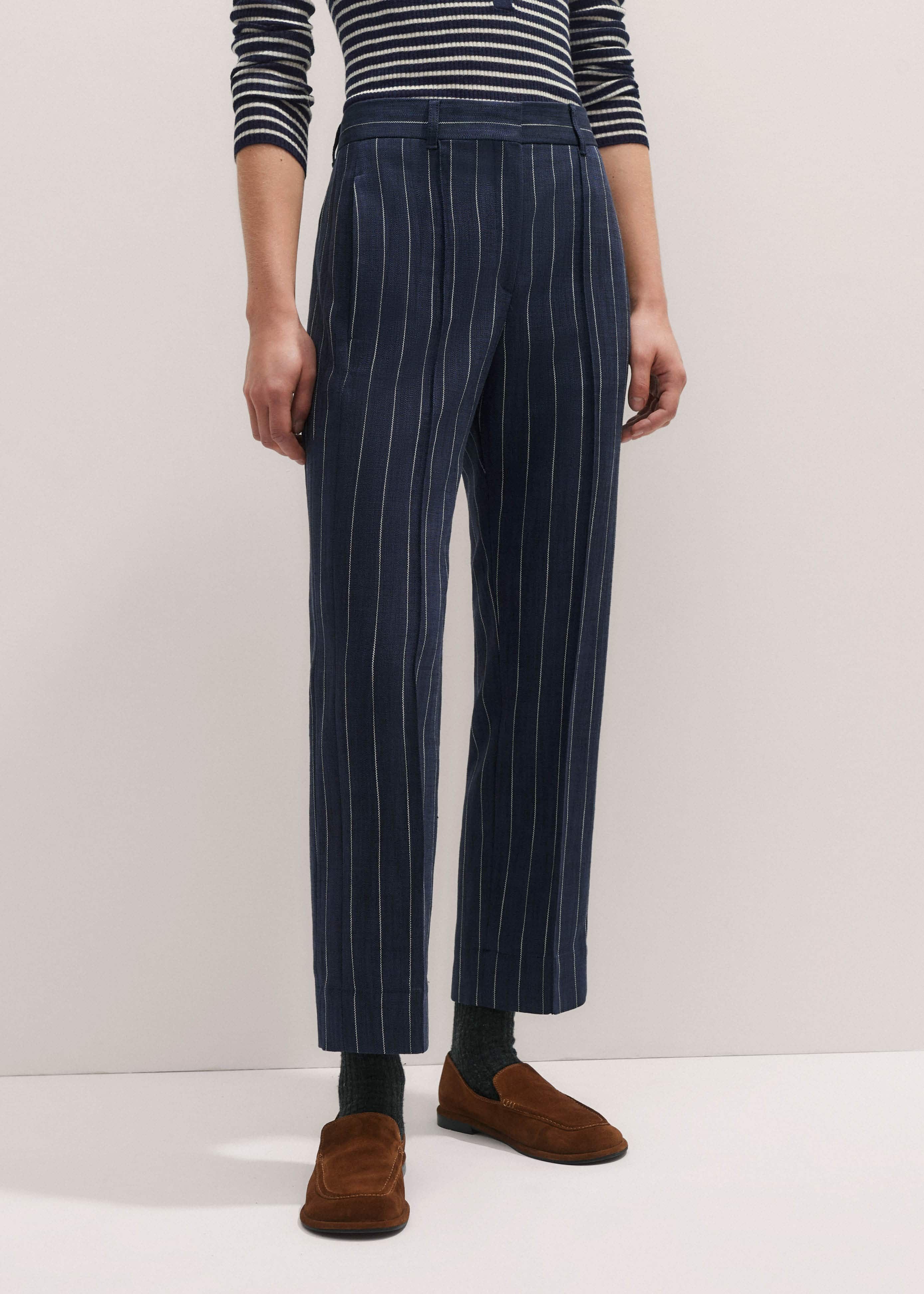 【I AM MARI】Miyu Half Slit Three Quarter Capri Pants Women's Navy Textured Pinstripe Slim Crop Pant | ME+EM
