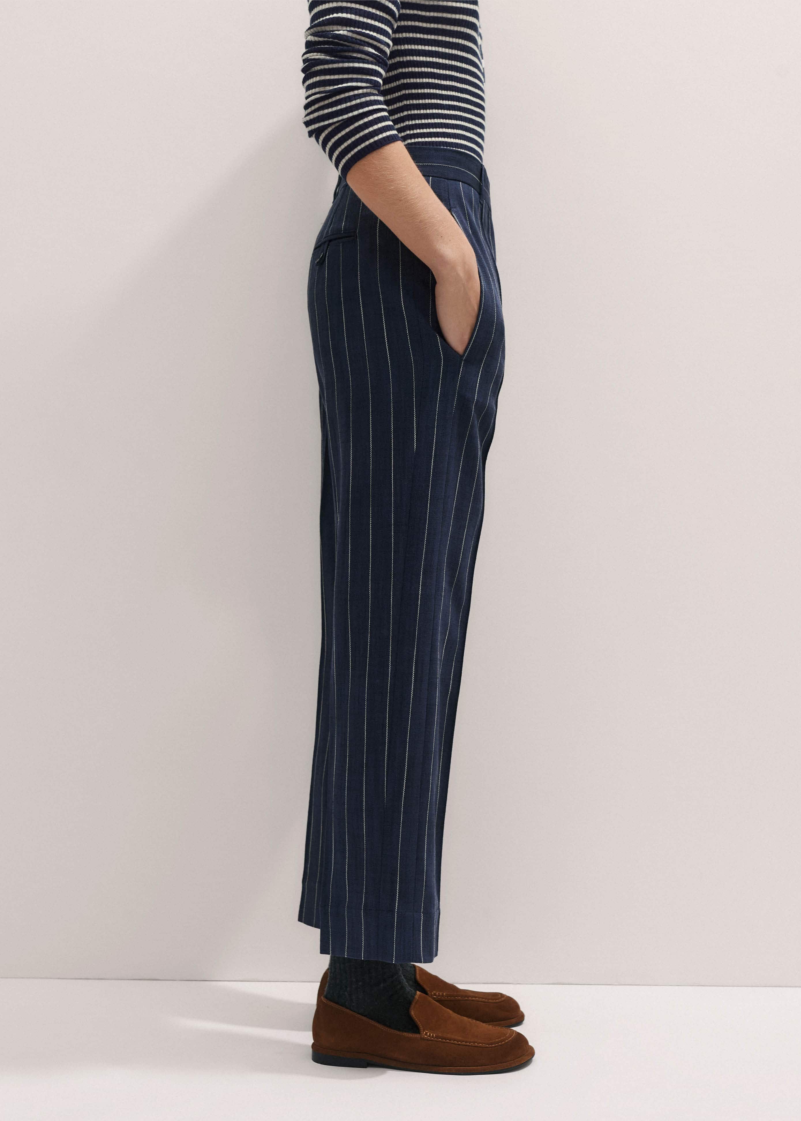 Women's Navy Textured Pinstripe Slim Crop Pant | ME+EM