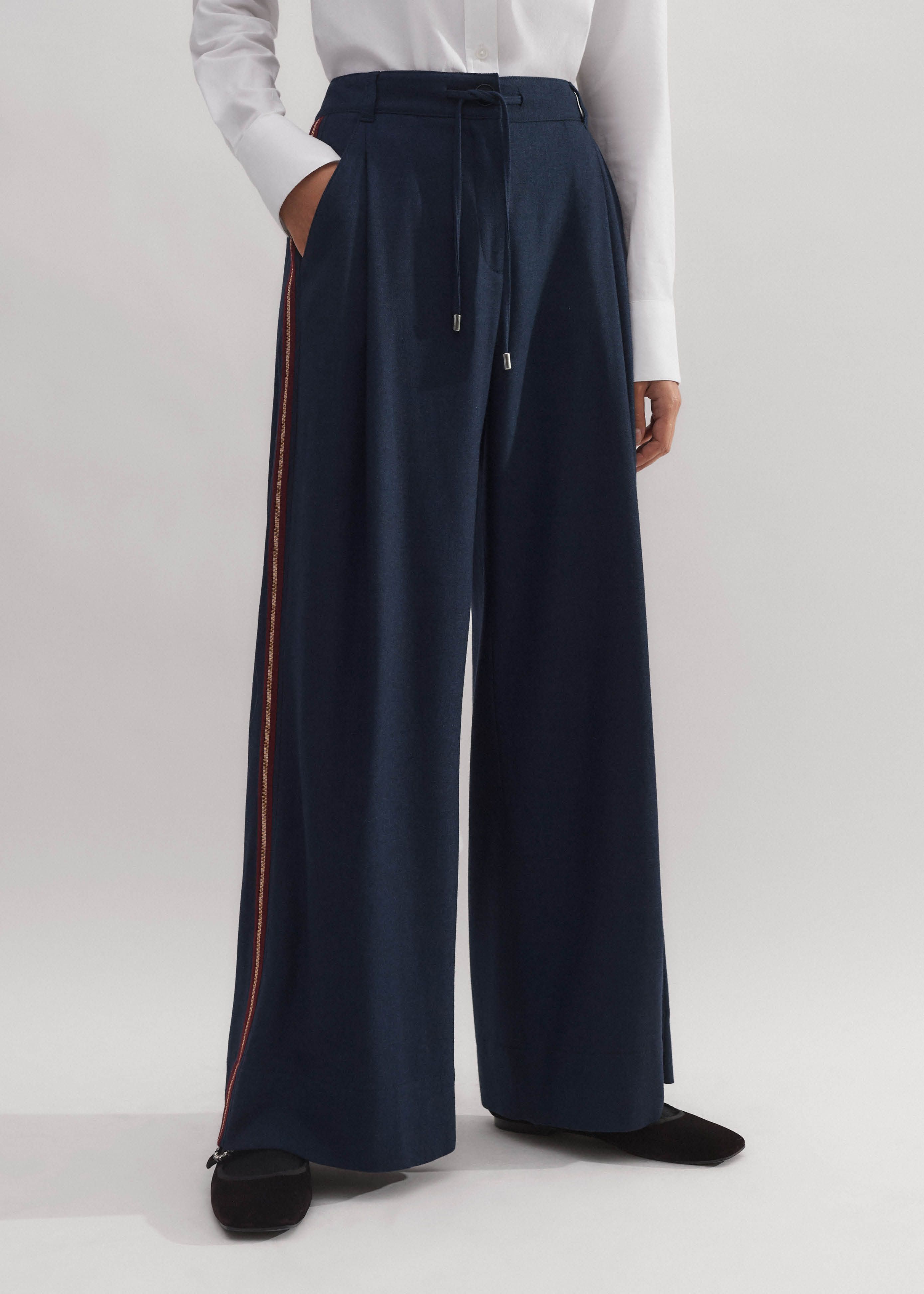 【mnem】Ribbon Trimming Pants Women's Navy Short-Length Side Stripe Man Pant | ME+EM