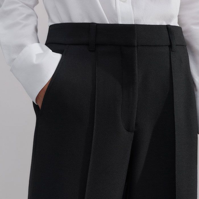 Women's Black Short-Length Button Hem Wide-Leg Pant | ME+EM