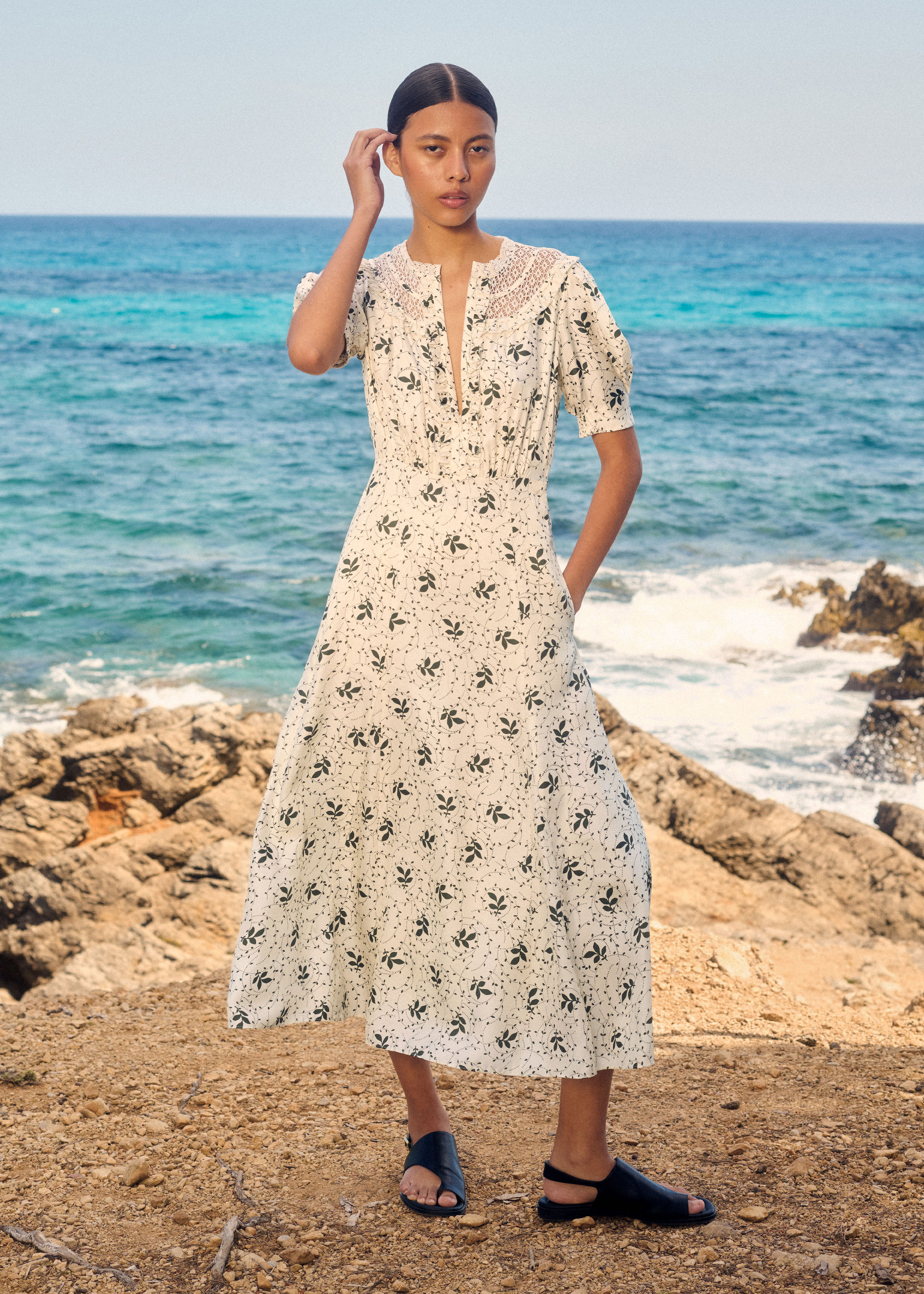 Silk-Blend Swirling Leaf Print Midi Tea Dress