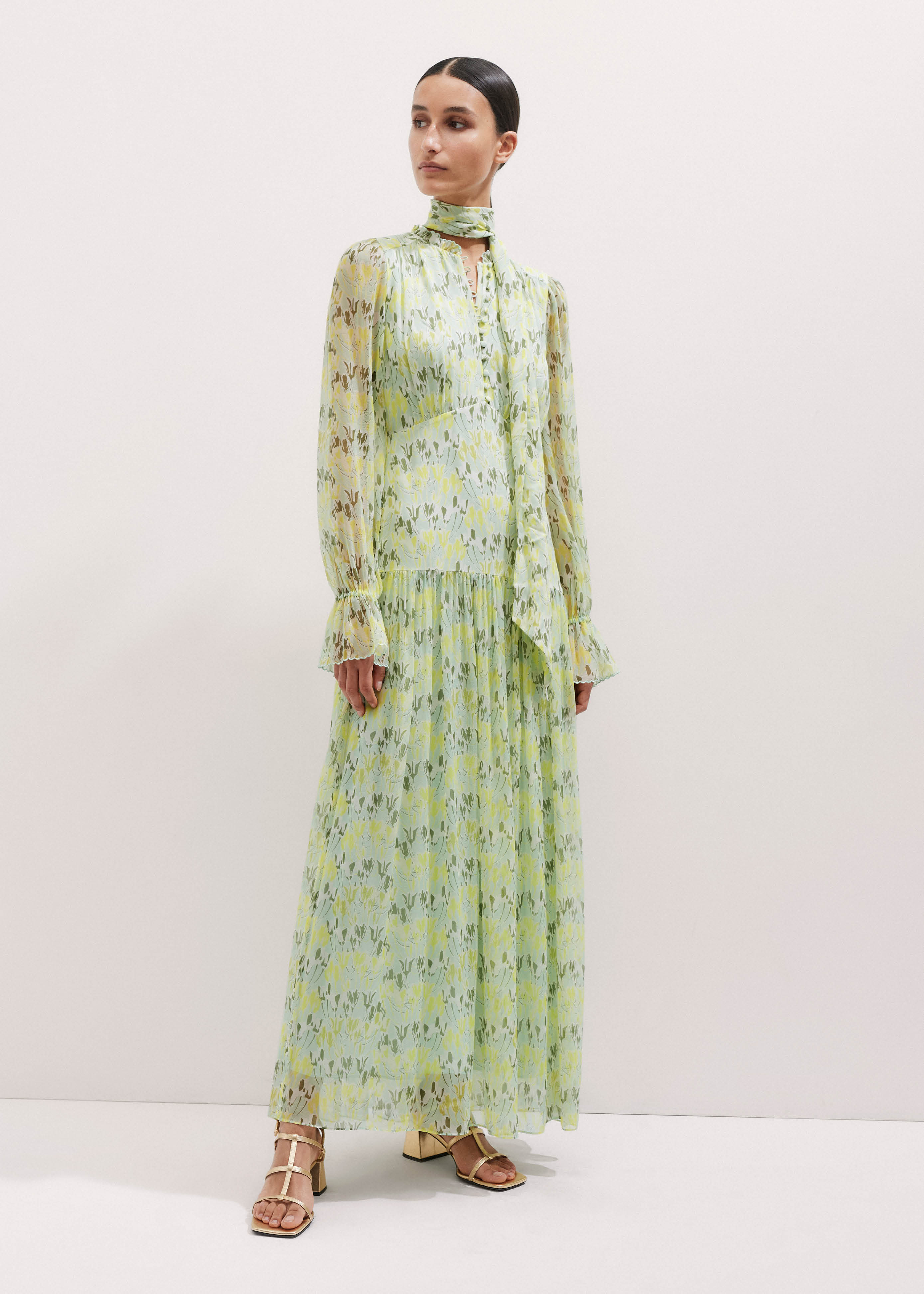 Women's Yellow Silk Tulip Print Full-Length Dress + Tie | ME+EM