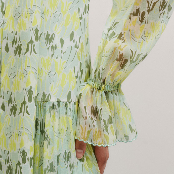 Women's Yellow Silk Tulip Print Full-Length Dress + Tie | ME+EM