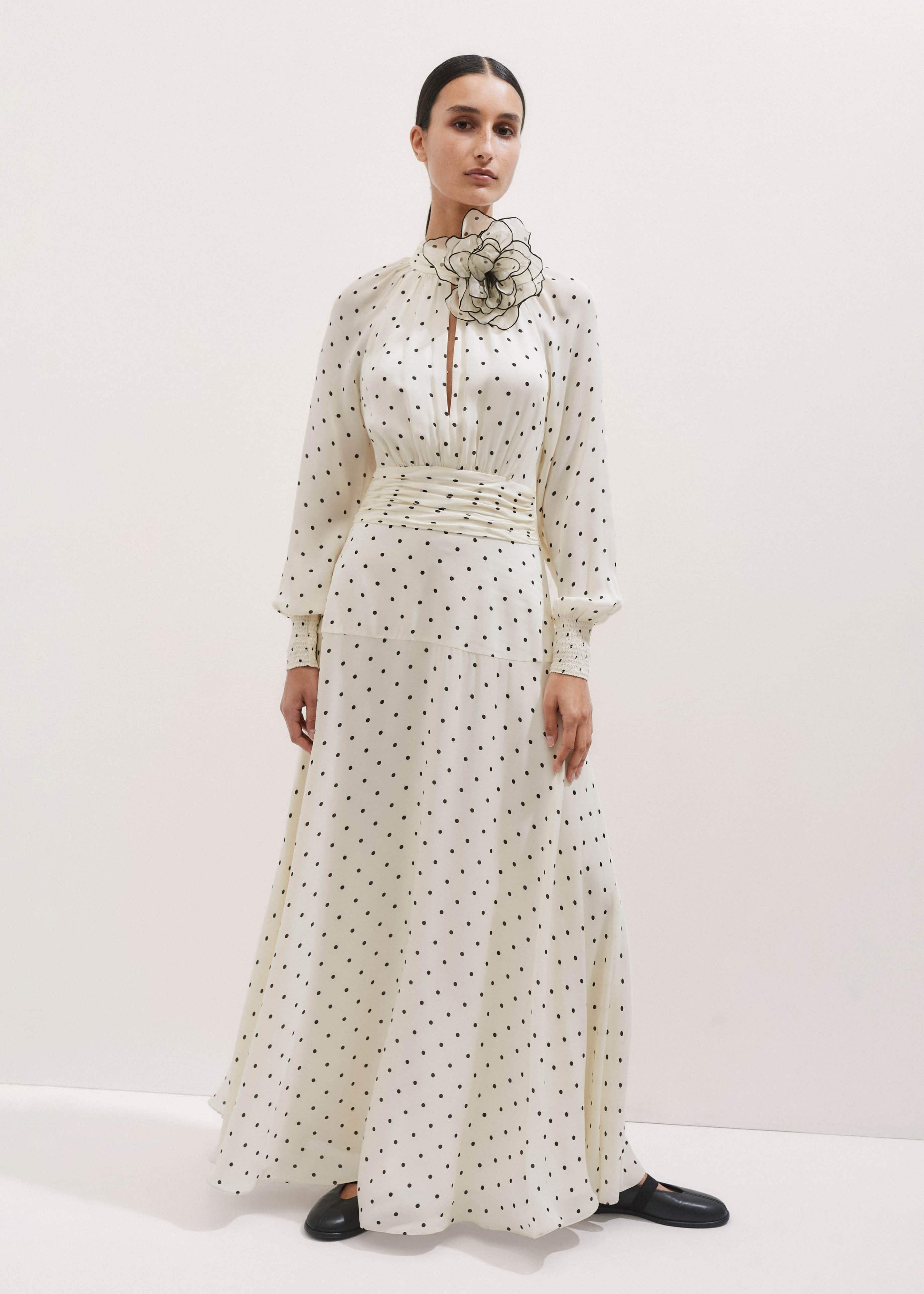 Women's Cream Silk Polka Dot Maxi Dress + Corsage | ME+EM Women's Cream Silk Polka Dot Maxi Dress + Corsage | ME+EM