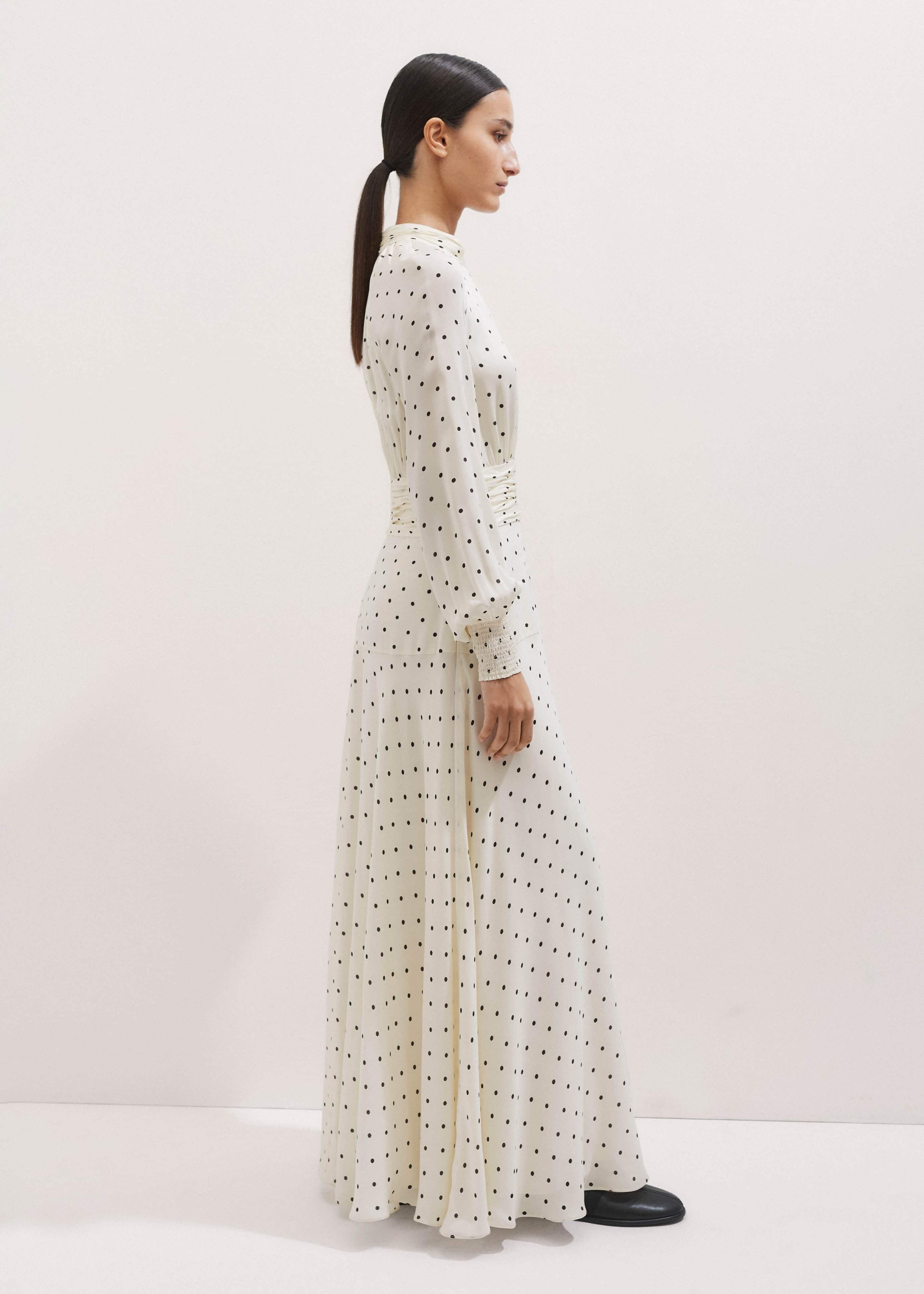 Women's Cream Silk Polka Dot Maxi Dress + Corsage | ME+EM Women's Cream Silk Polka Dot Maxi Dress + Corsage | ME+EM