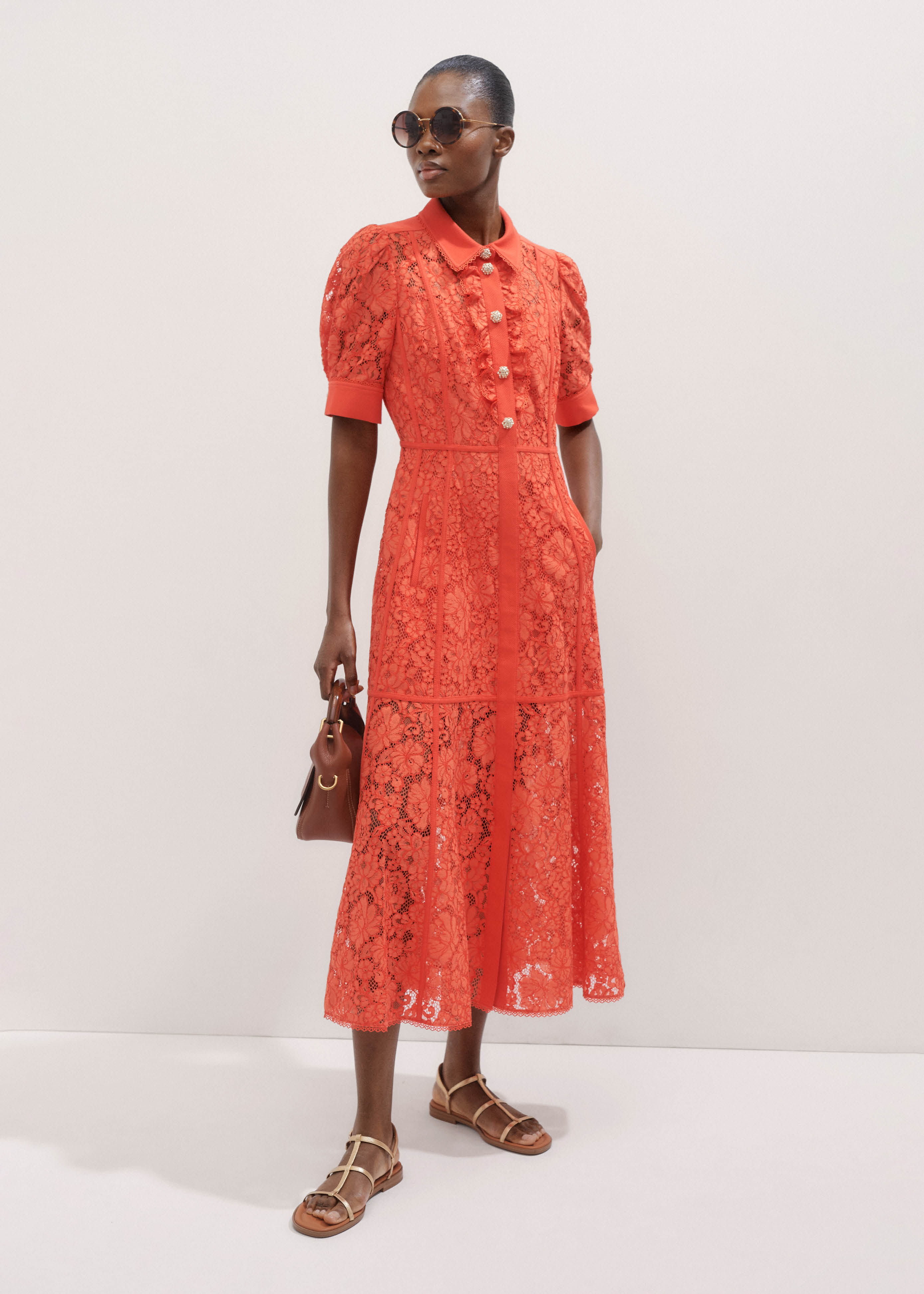 Women's Orange Lace Ruffle Maxi Dress | ME+EM