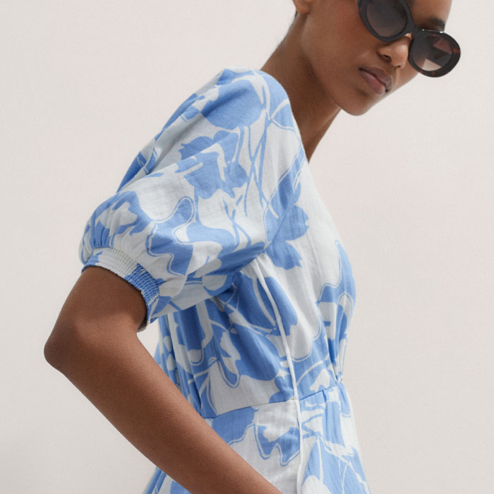 Women's Blue Cheesecloth Tulip Print Midi Dress | ME+EM