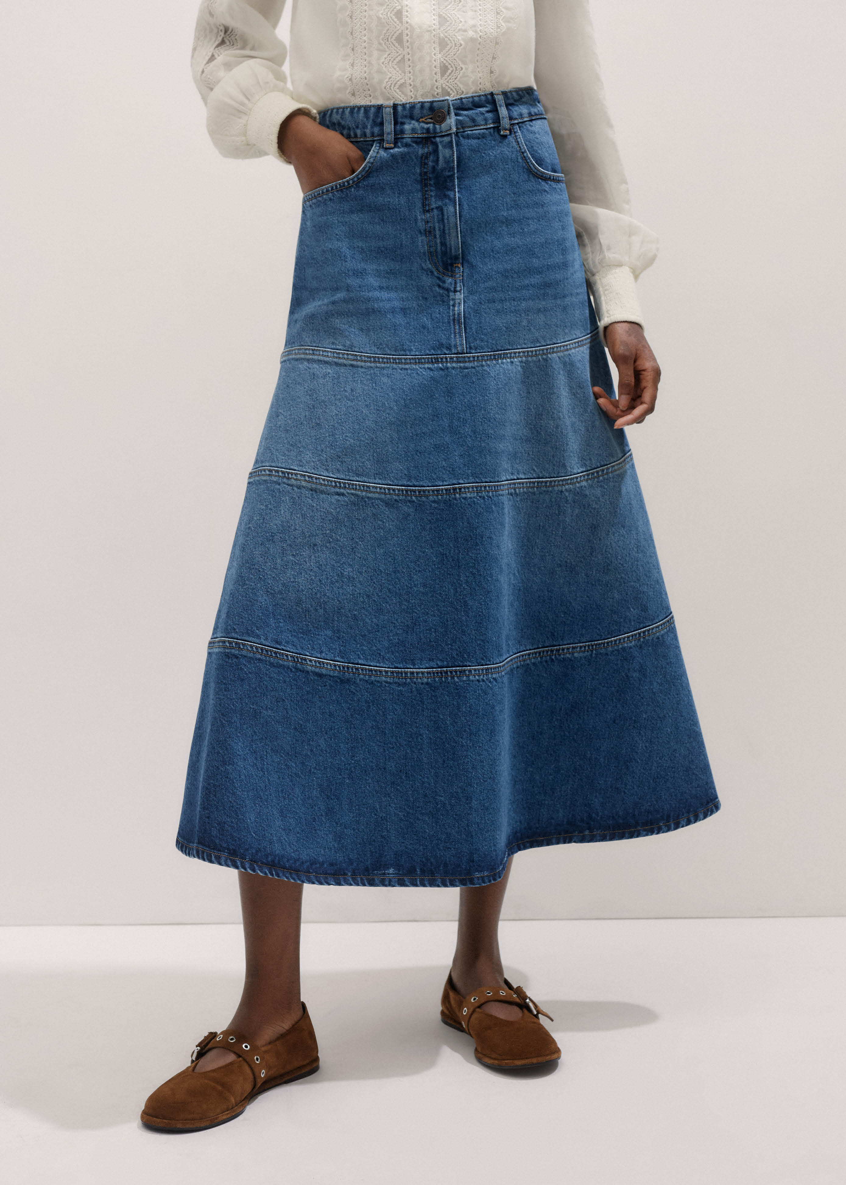 スカート Polysooem : 25SS / CONTRASTING WASHED DENIM SKIRT (BLUE) CONTRASTING WASHED DENIM SKIRT, BLUE - polysooem