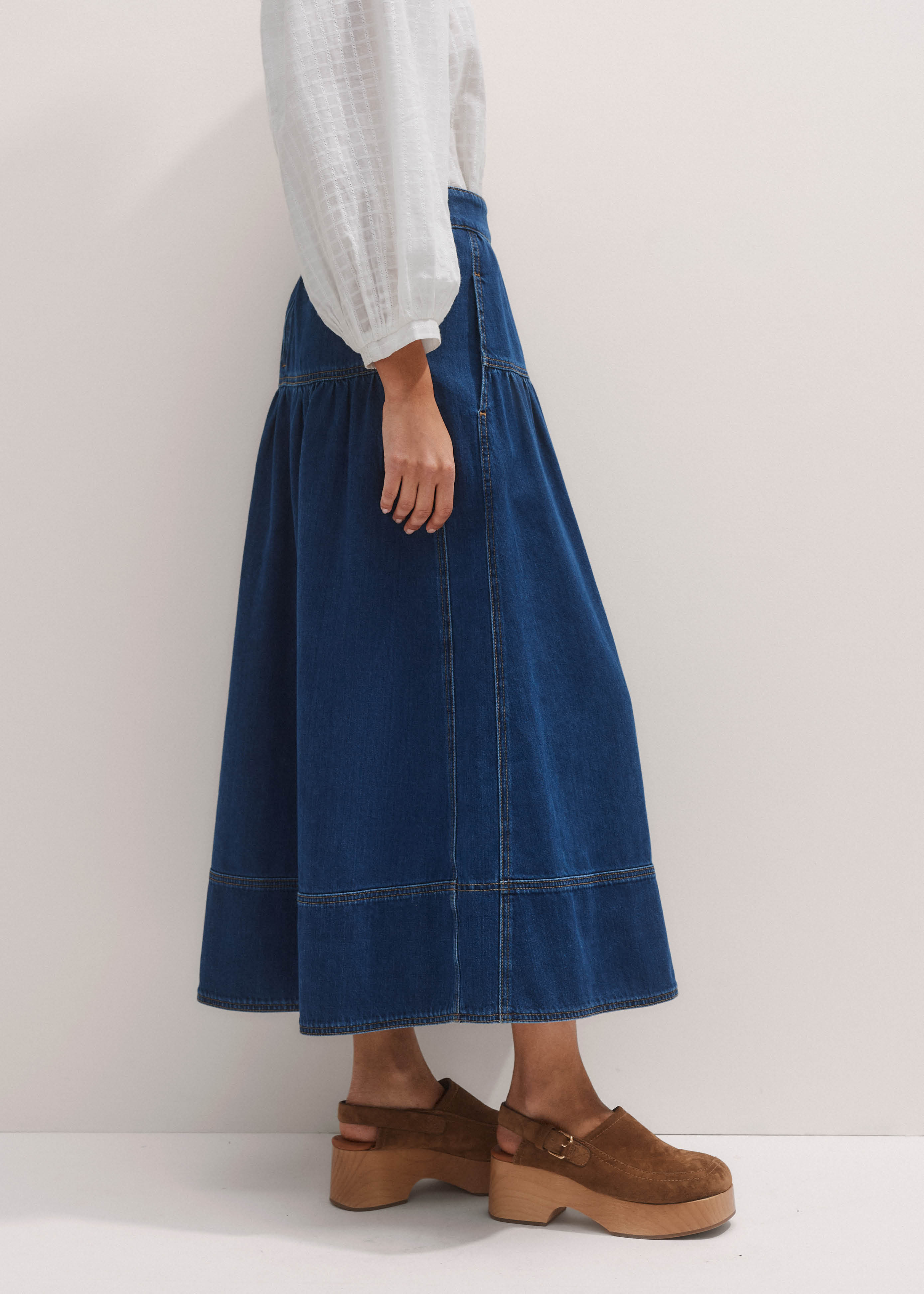 Women's Blue Gathered Denim Maxi Skirt | ME+EM