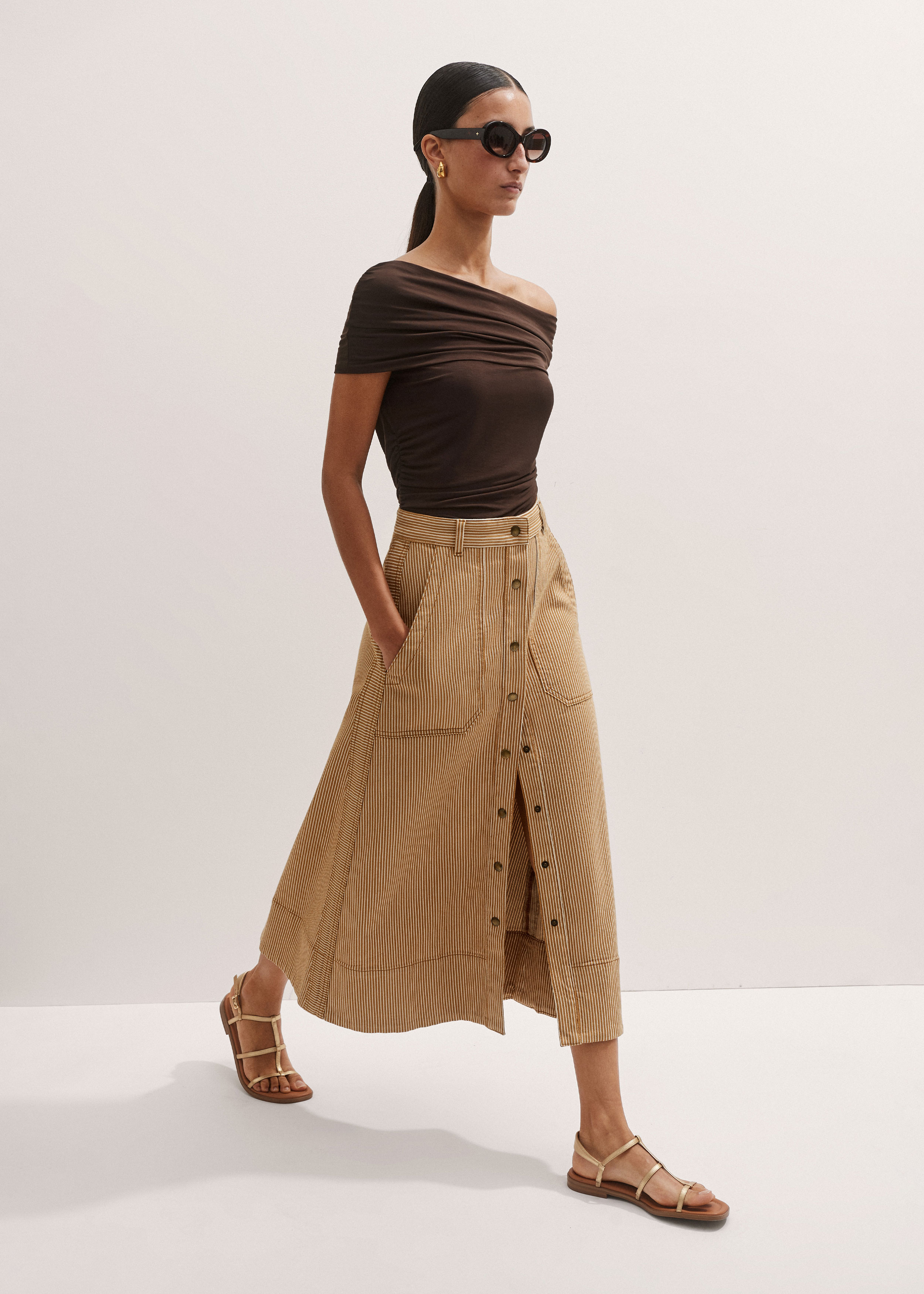 【INCHANT ME】Shimmer Stripe Maxi Banding Skirt Women's Brown Cotton Stripe Maxi Skirt | ME+EM