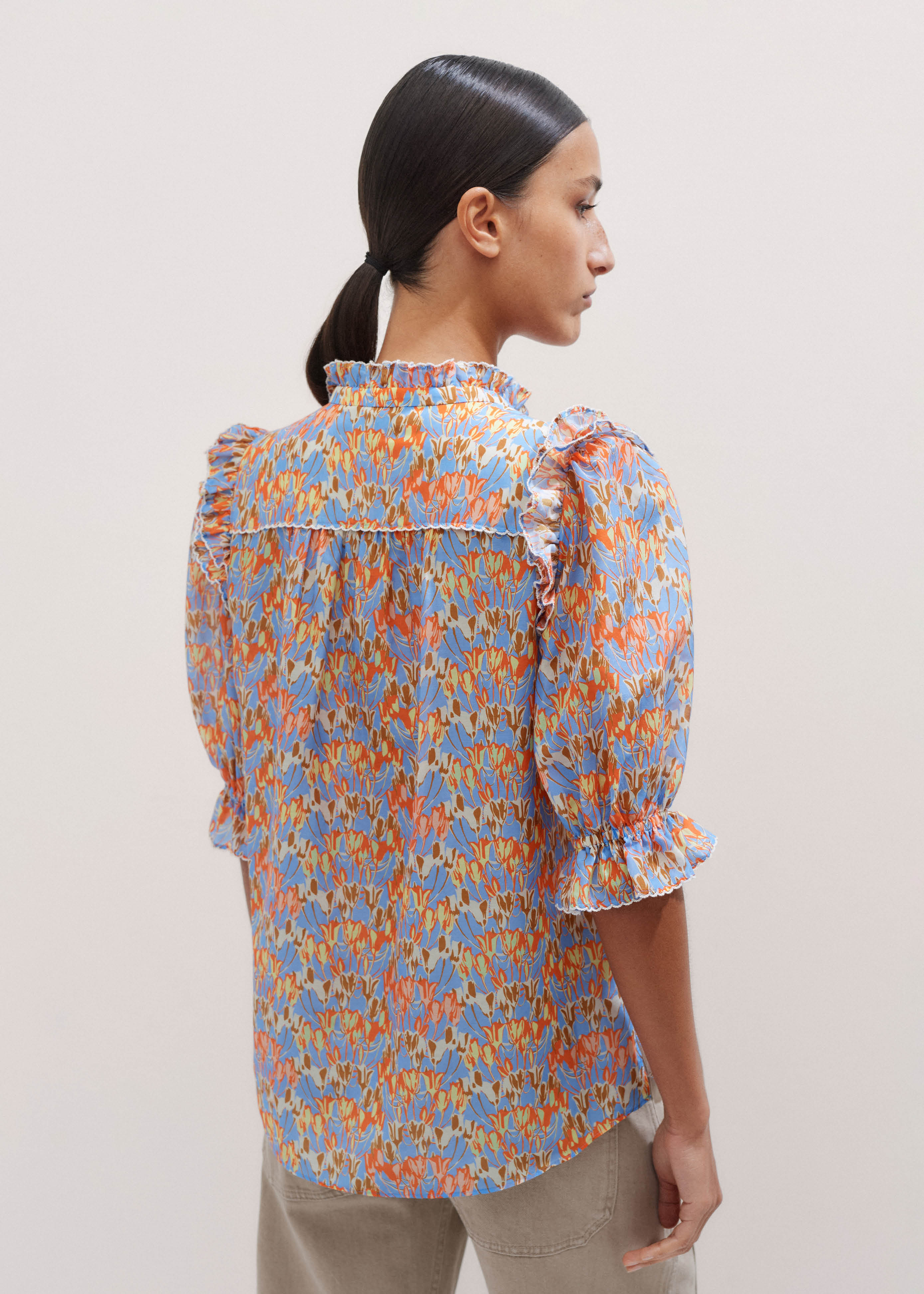 Women's Blue Silk Cotton Tulip Print Blouse | ME+EM