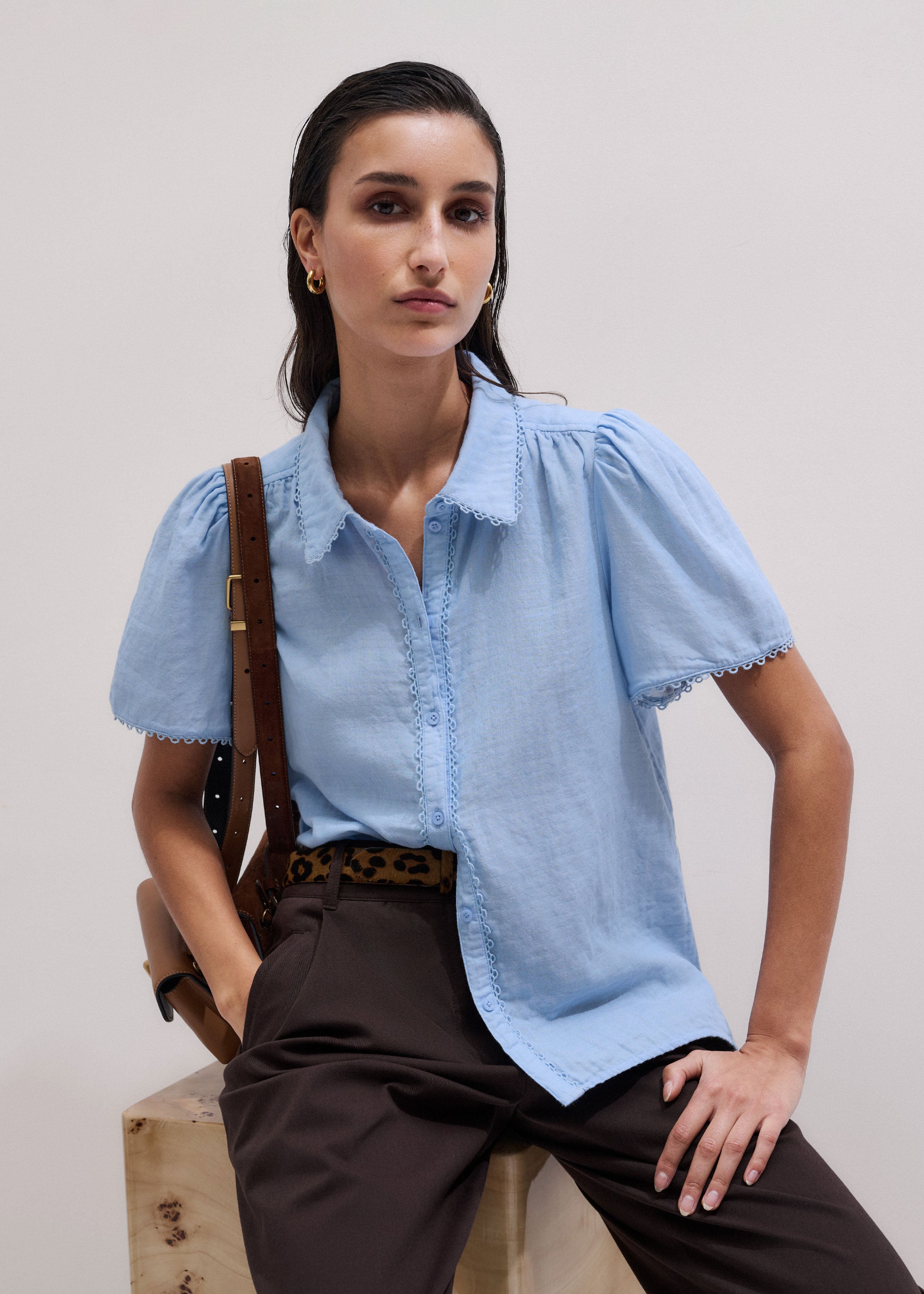 Women's Navy Cheesecloth Summer Trim Blouse | ME+EM